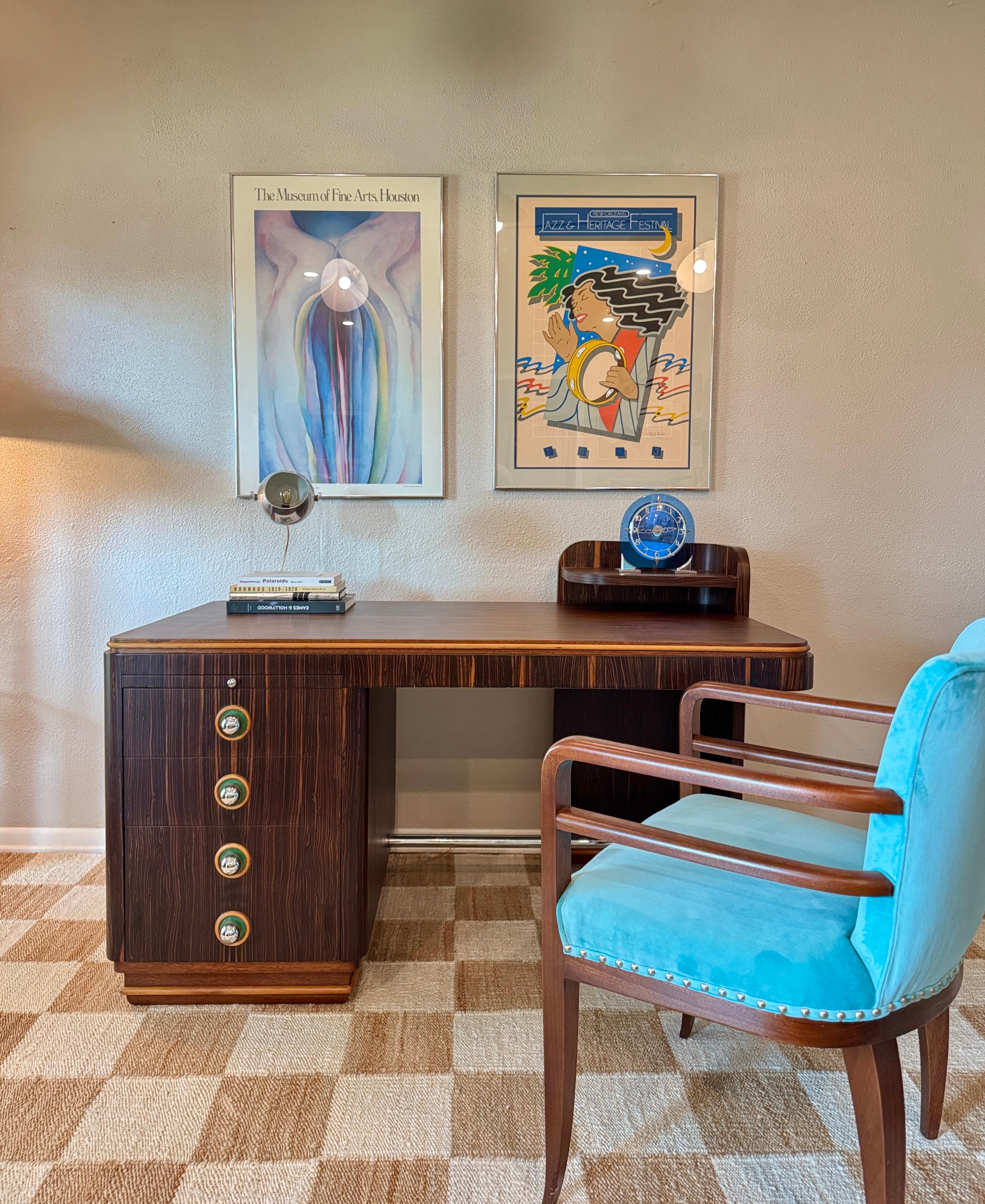 Rara poltrona art déco in vero velluto blu, anni '30 circa. in vendita 6