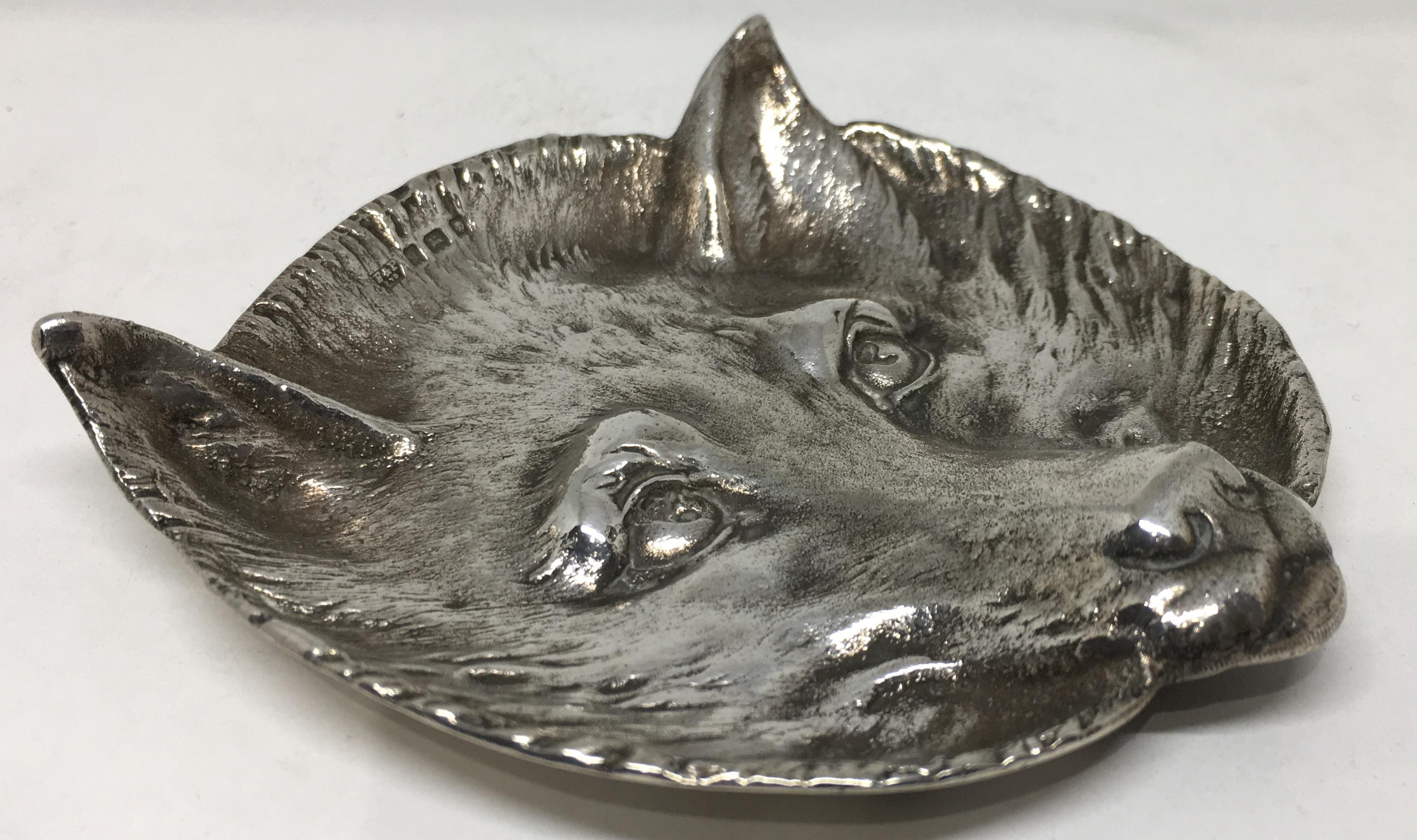 British Rare Art Deco Sterling Silver Fox Head Card Tray by Asprey For Sale