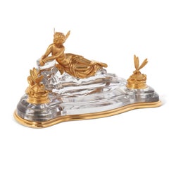 Rare Art Nouveau French Ormolu and Crystal Inkwell Encrier by Baccarat