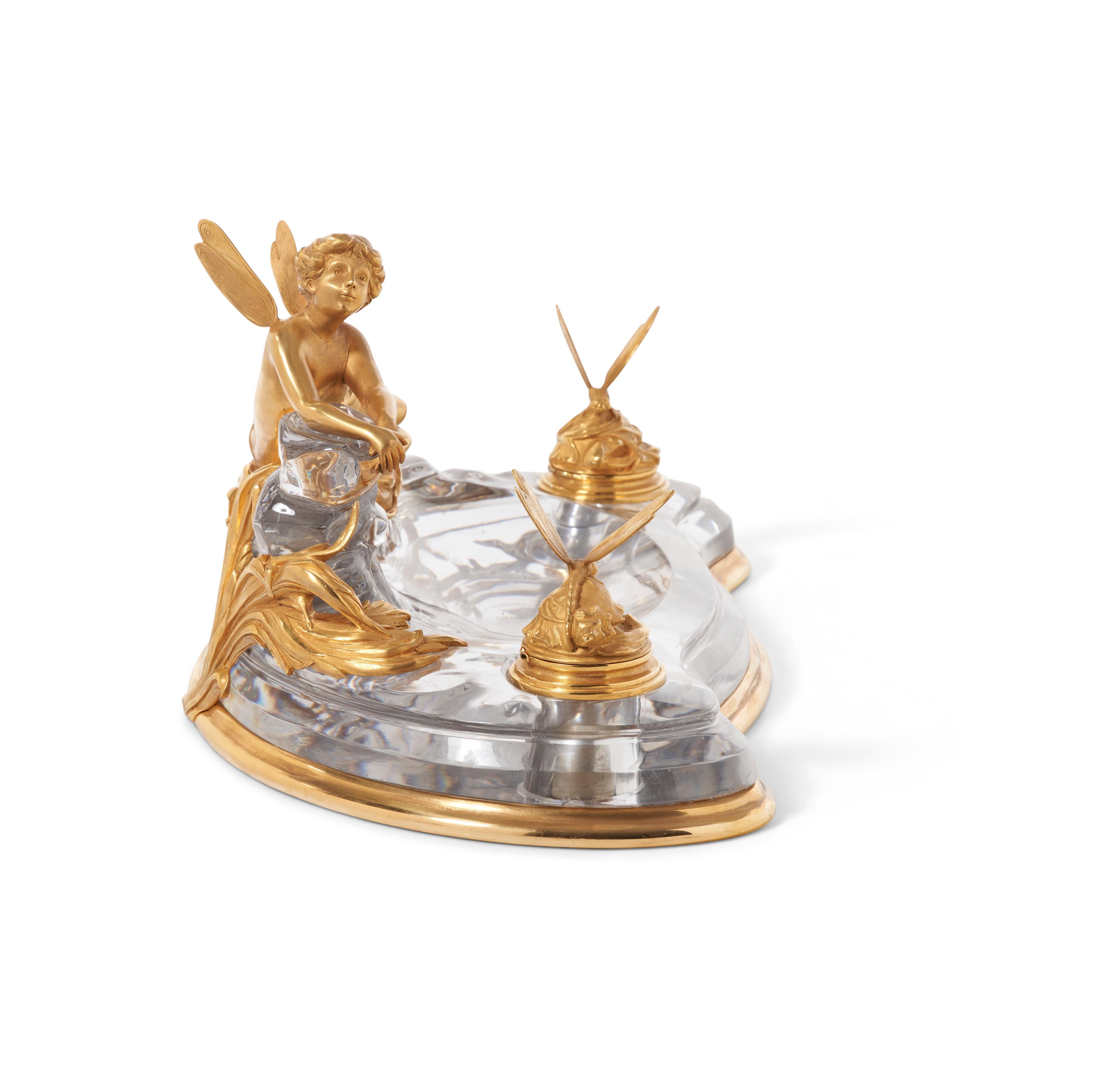 Rare Art Nouveau French Ormolu and Crystal Inkwell Encrier by Baccarat In Good Condition For Sale In New York, NY