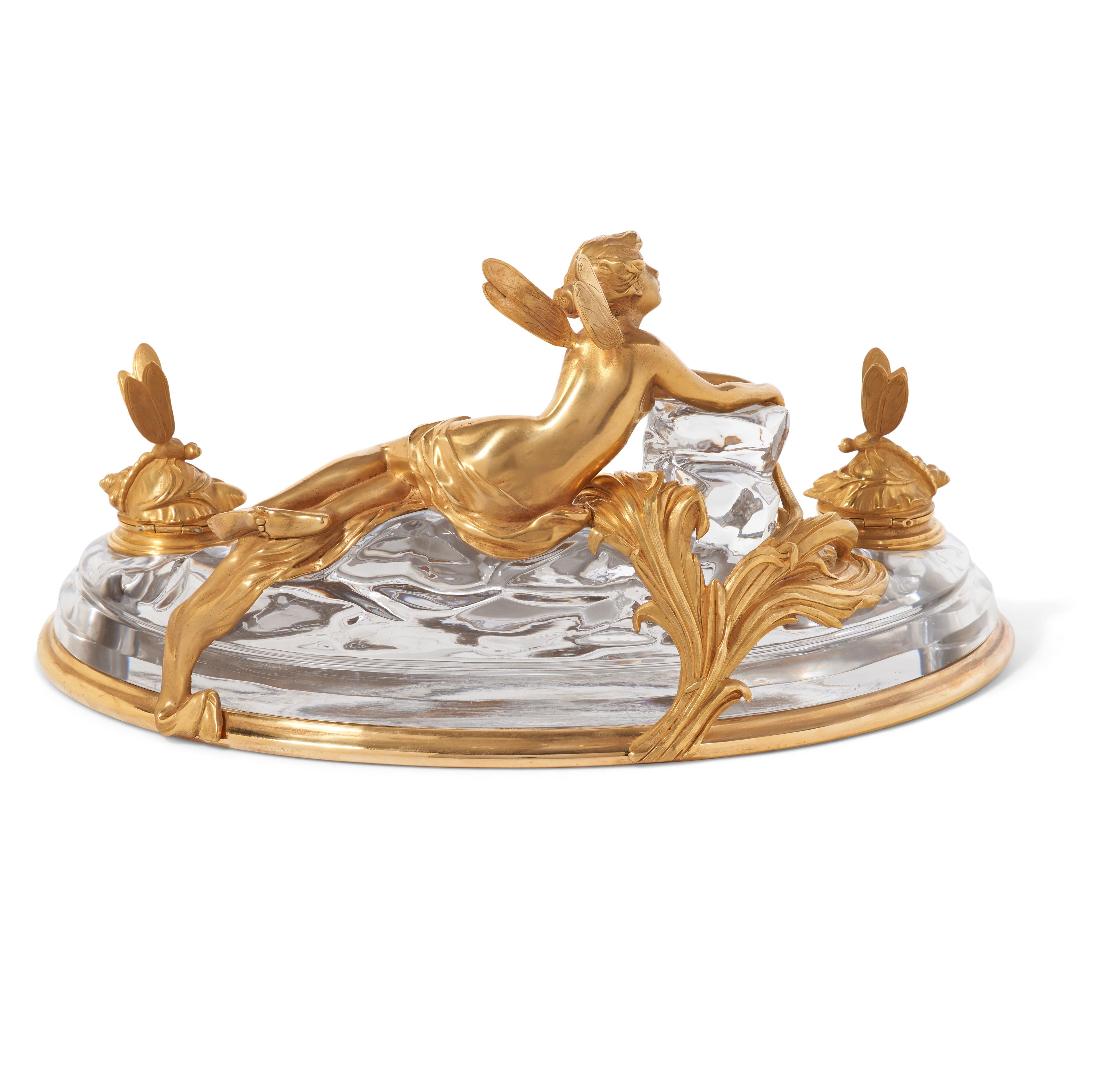 Seltene Art Nouveau Französisch Ormolu und Kristall Tintenfass Encrier von Baccarat im Zustand „Gut“ im Angebot in New York, NY