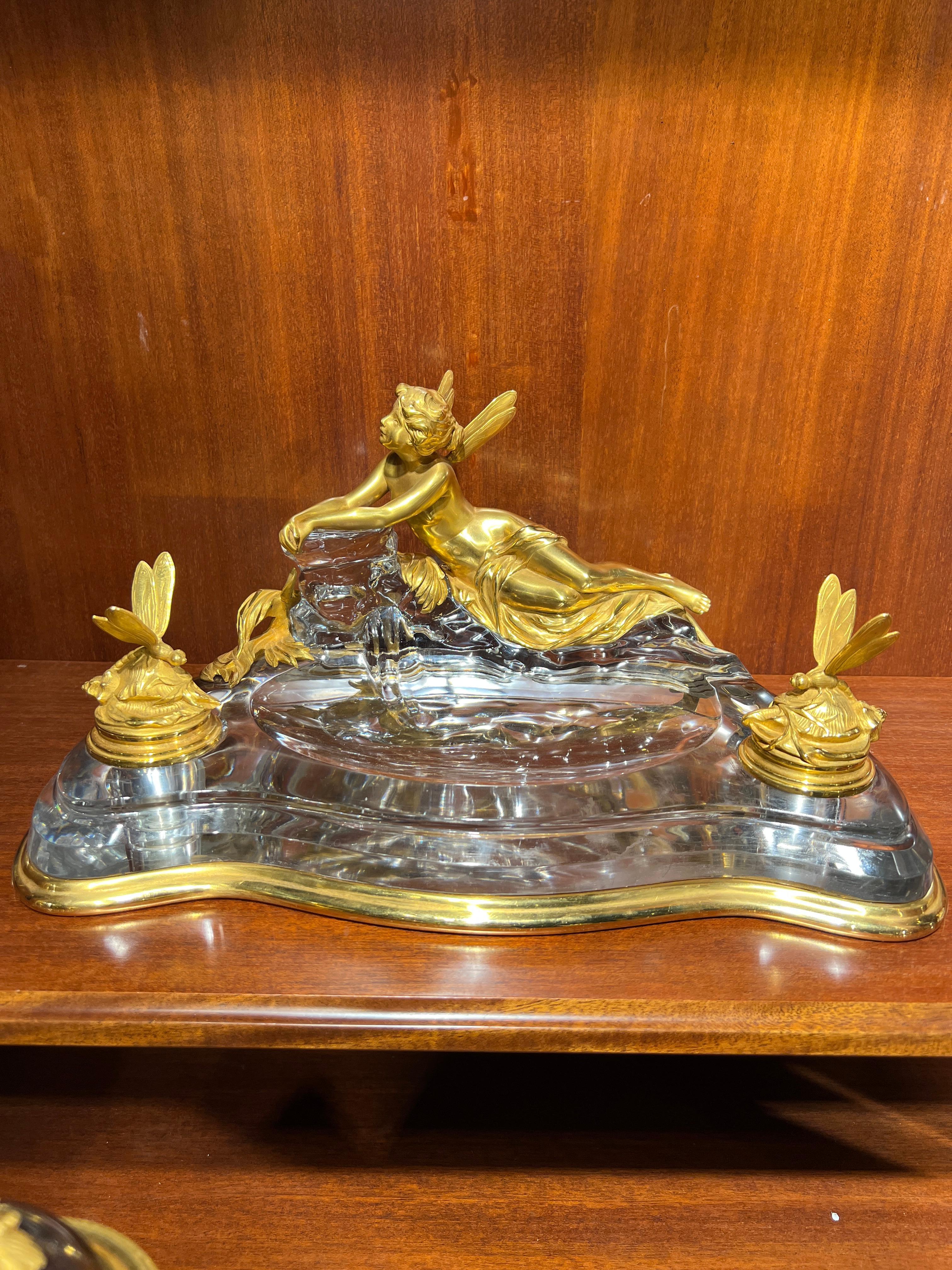 Seltene Art Nouveau Französisch Ormolu und Kristall Tintenfass Encrier von Baccarat (Bronze) im Angebot