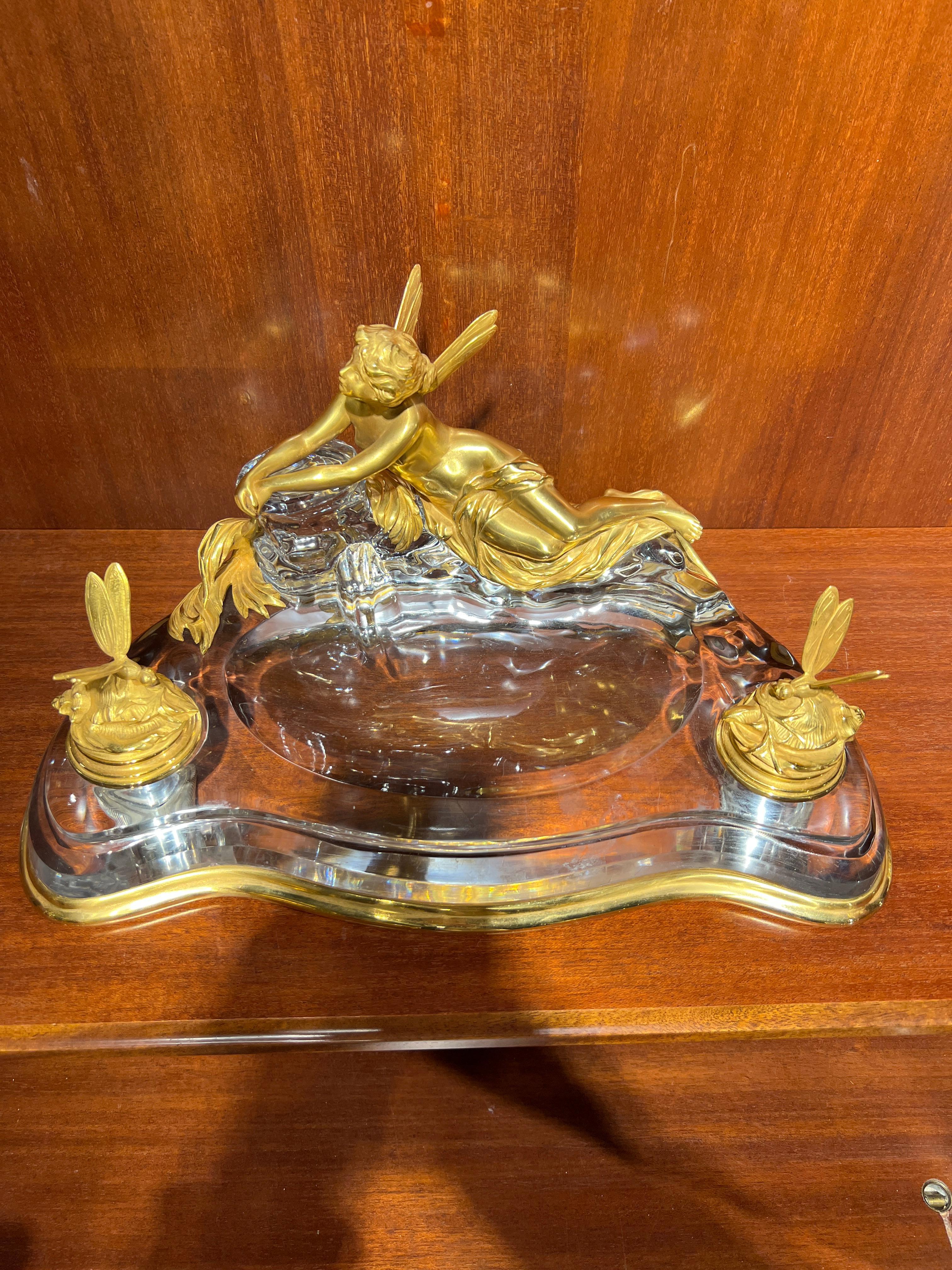 Rare Art Nouveau French Ormolu and Crystal Inkwell Encrier by Baccarat For Sale 2