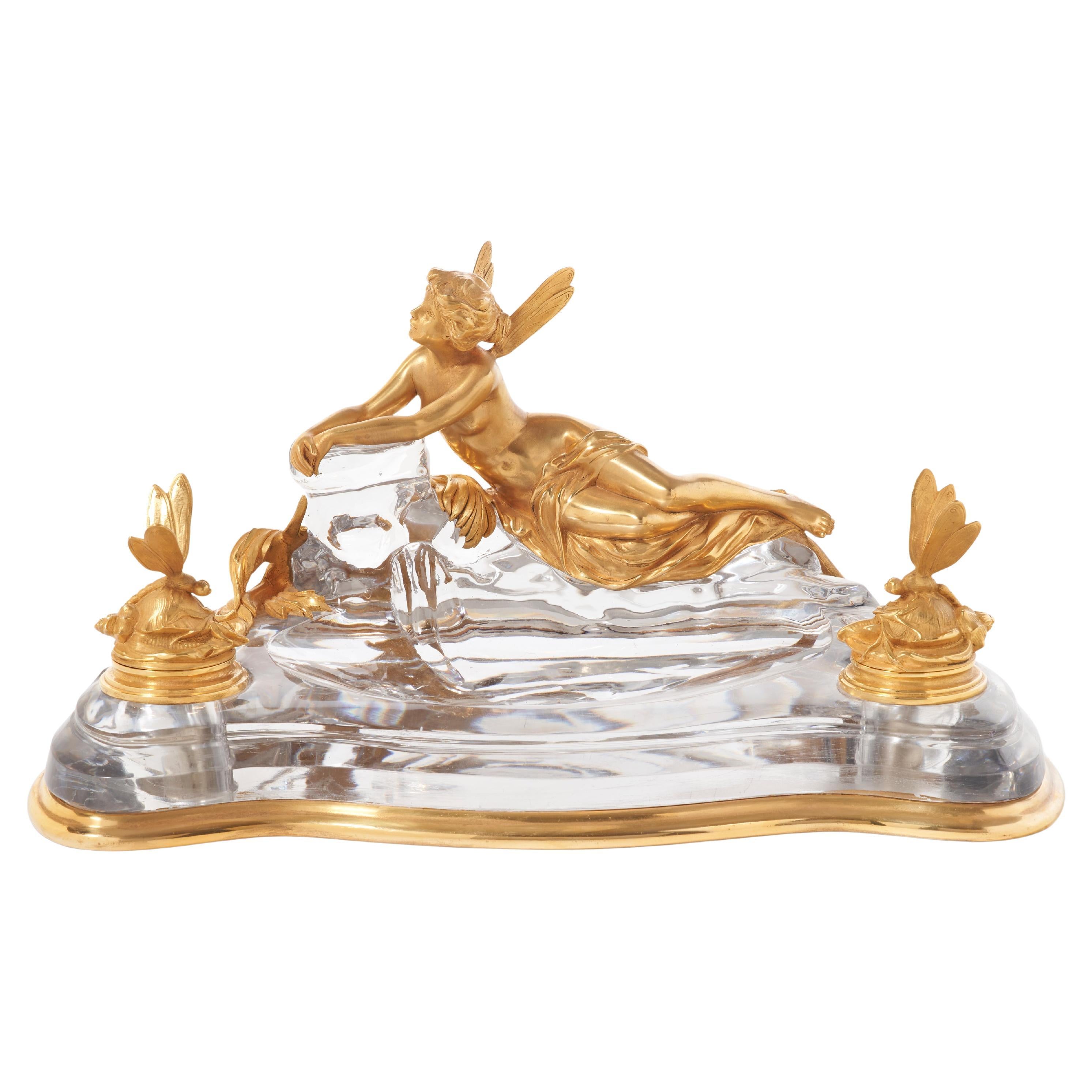 Encrier en cristal et bronze doré de Baccarat, Art Nouveau.