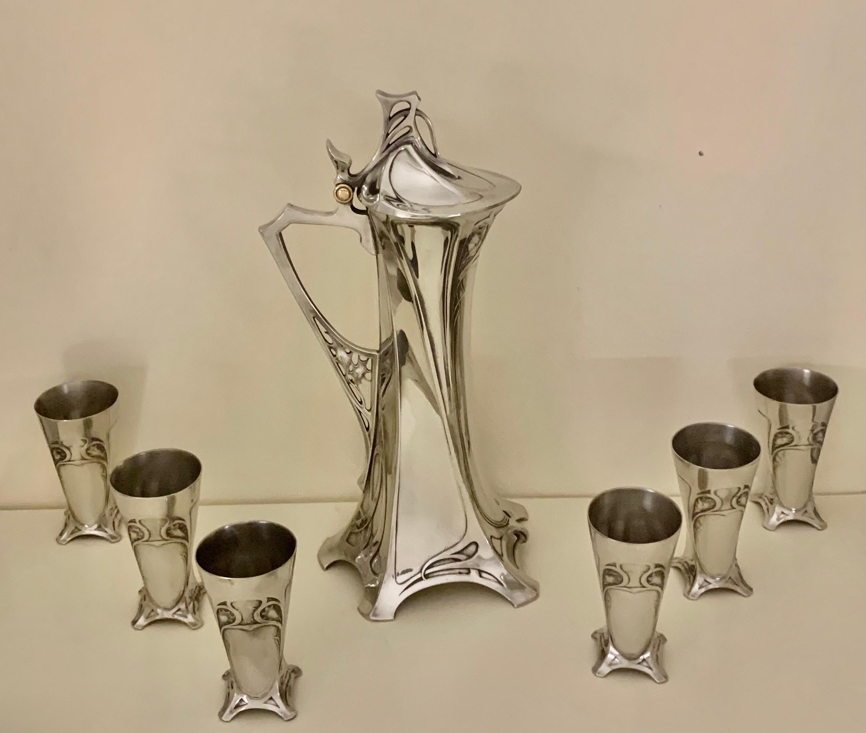 Rare Art Nouveau Silvered Pewter Liqueur Set by W.M.F For Sale 4