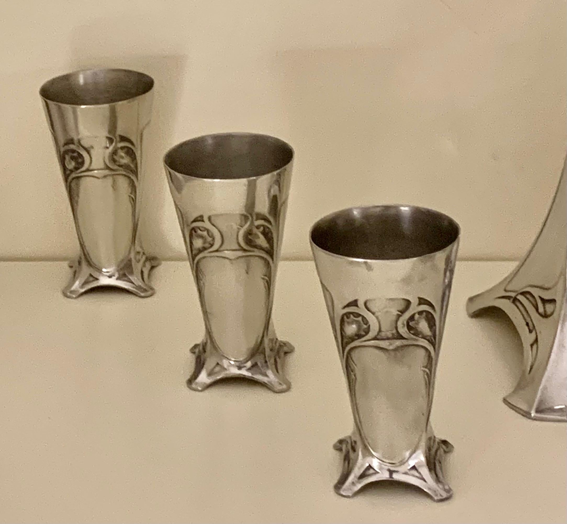 German Rare Art Nouveau Silvered Pewter Liqueur Set by W.M.F For Sale