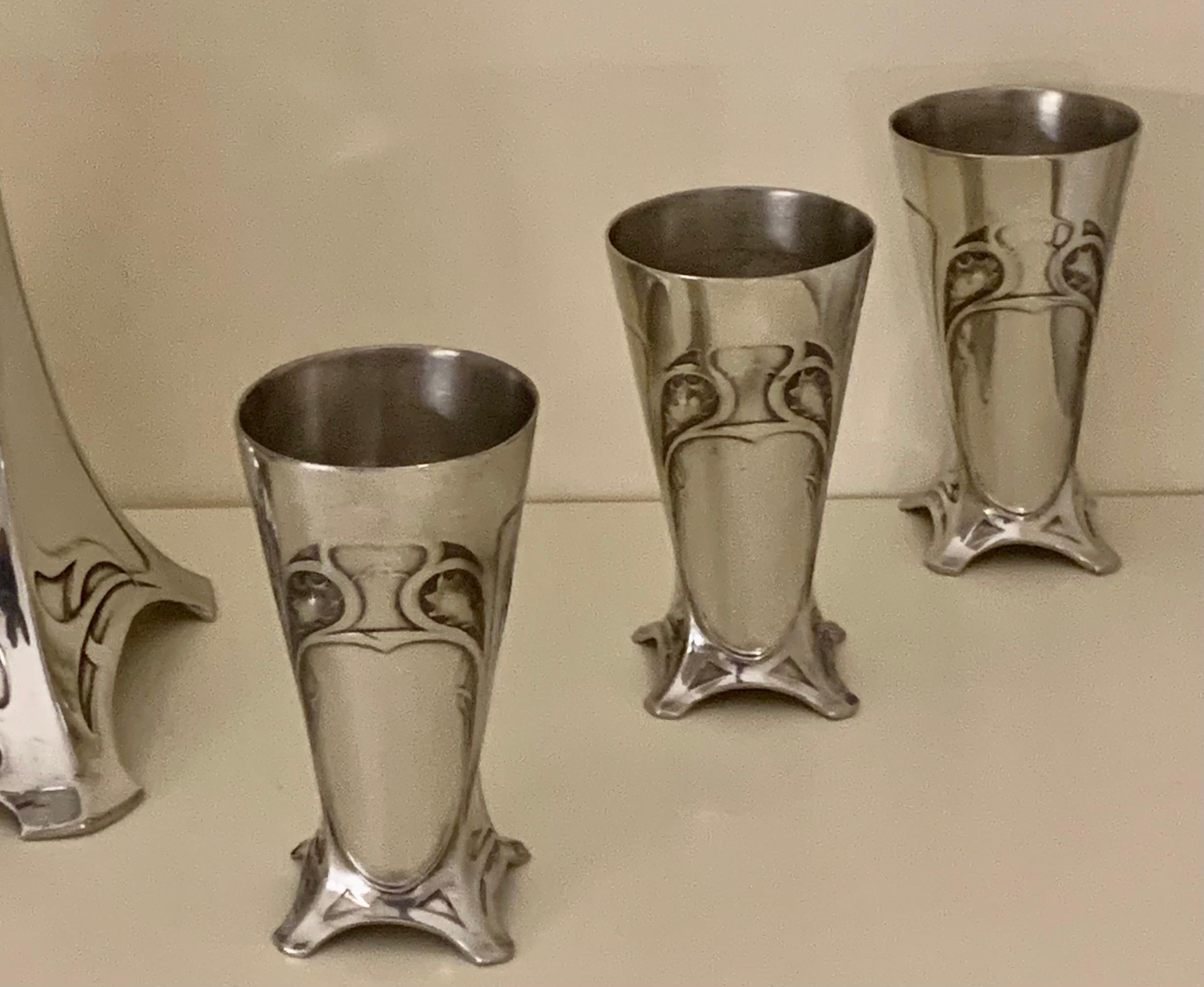 Rare Art Nouveau Silvered Pewter Liqueur Set by W.M.F In Good Condition For Sale In London, GB