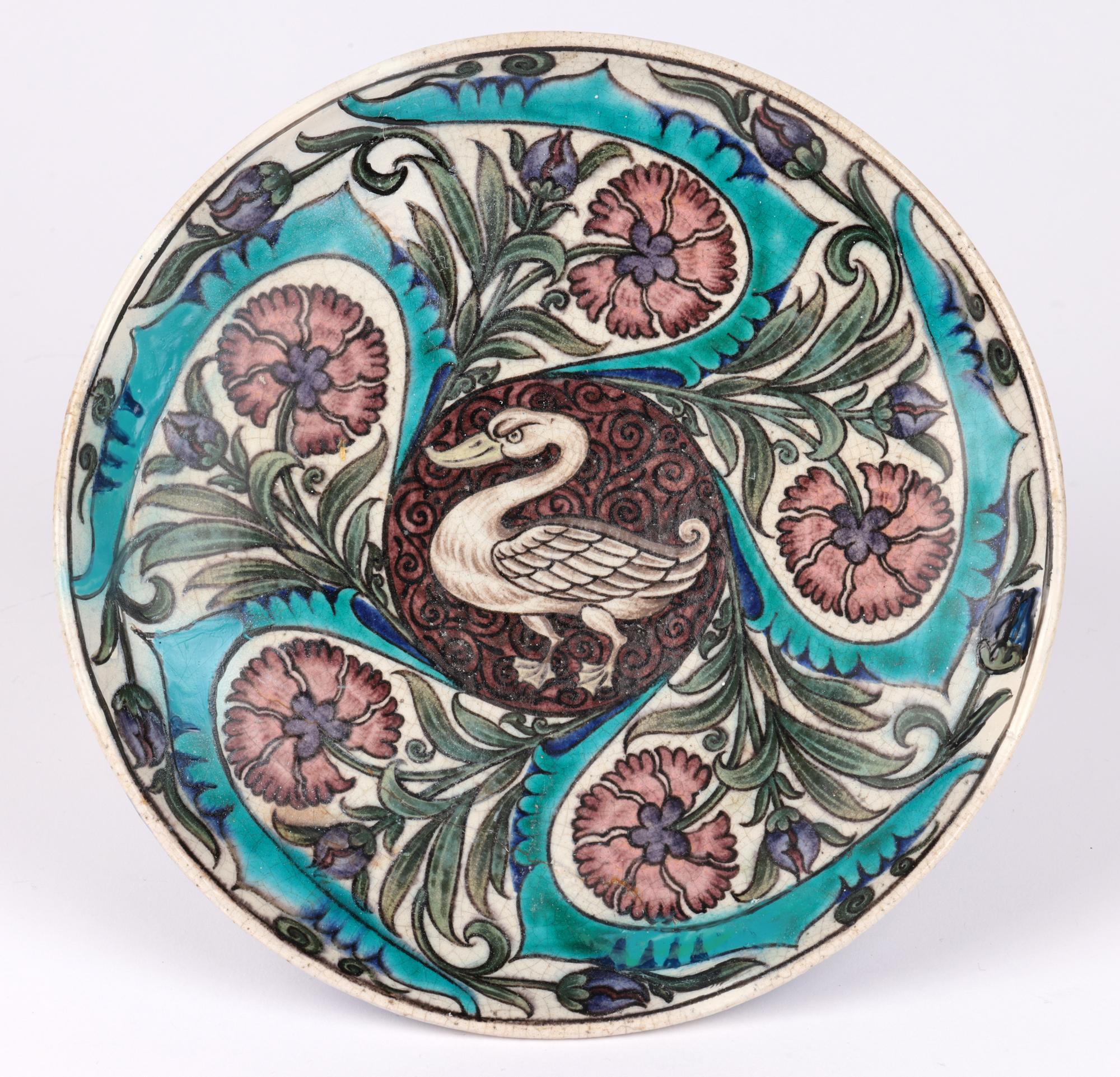 Rare Arts & Crafts Earthenware Persian Style Dish Hand Painted with a Swan 3