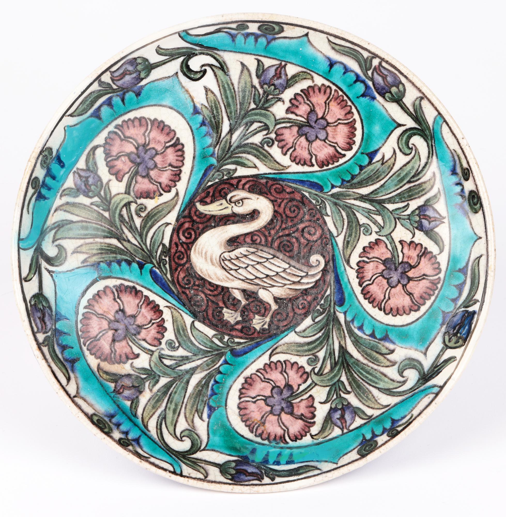 Rare Arts & Crafts Earthenware Persian Style Dish Hand Painted with a Swan 9