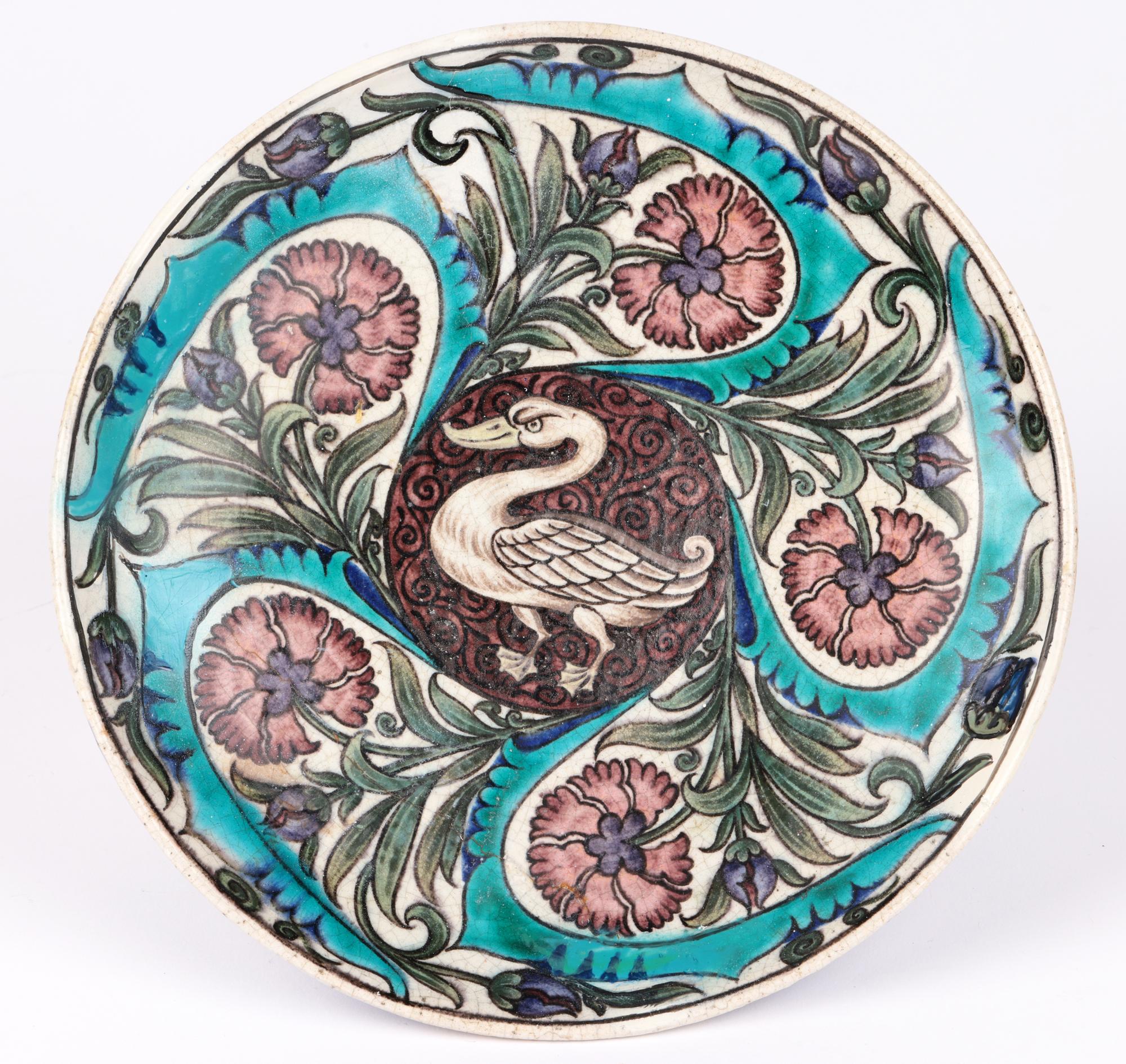 Hand-Crafted Rare Arts & Crafts Earthenware Persian Style Dish Hand Painted with a Swan