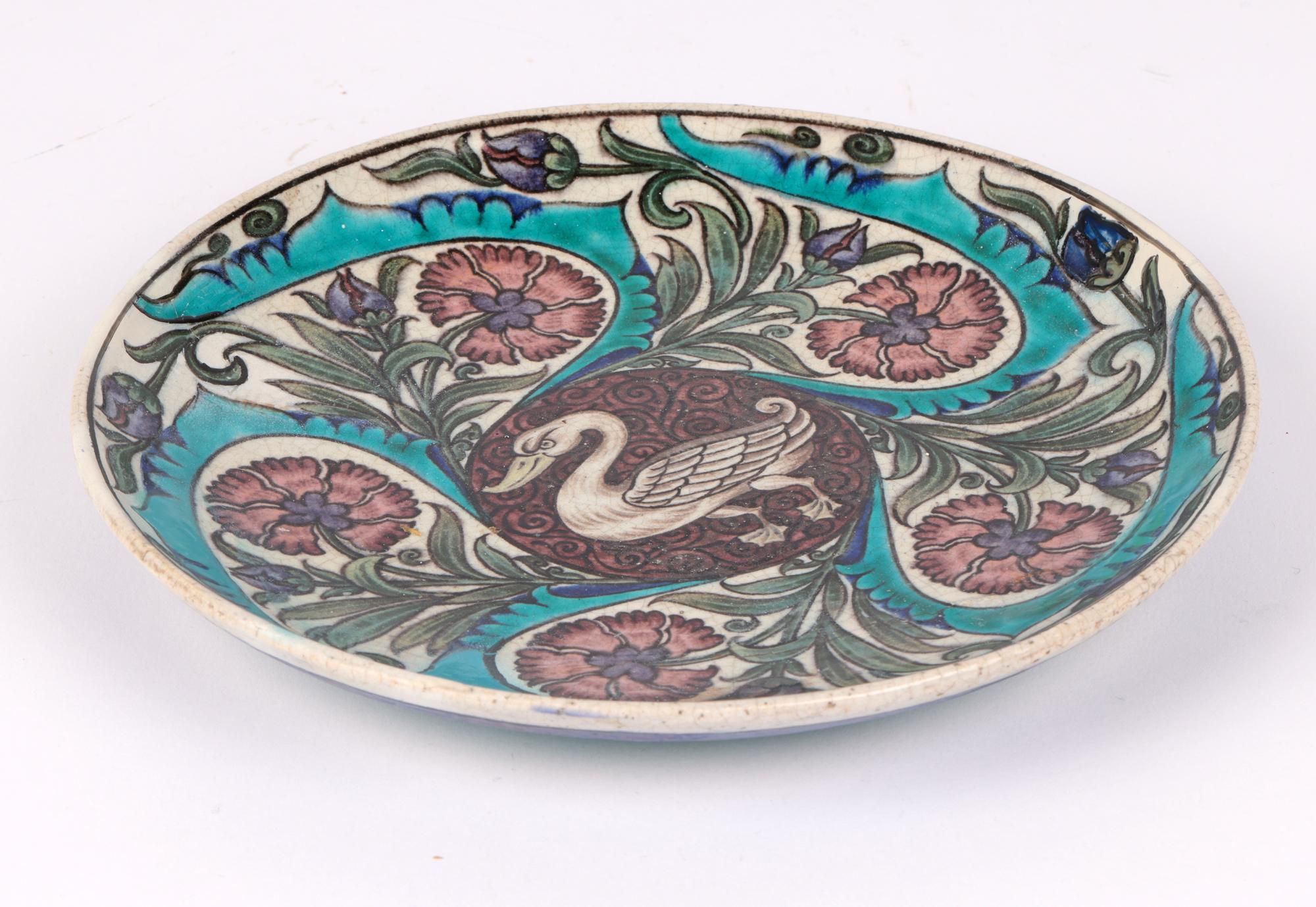Late 19th Century Rare Arts & Crafts Earthenware Persian Style Dish Hand Painted with a Swan