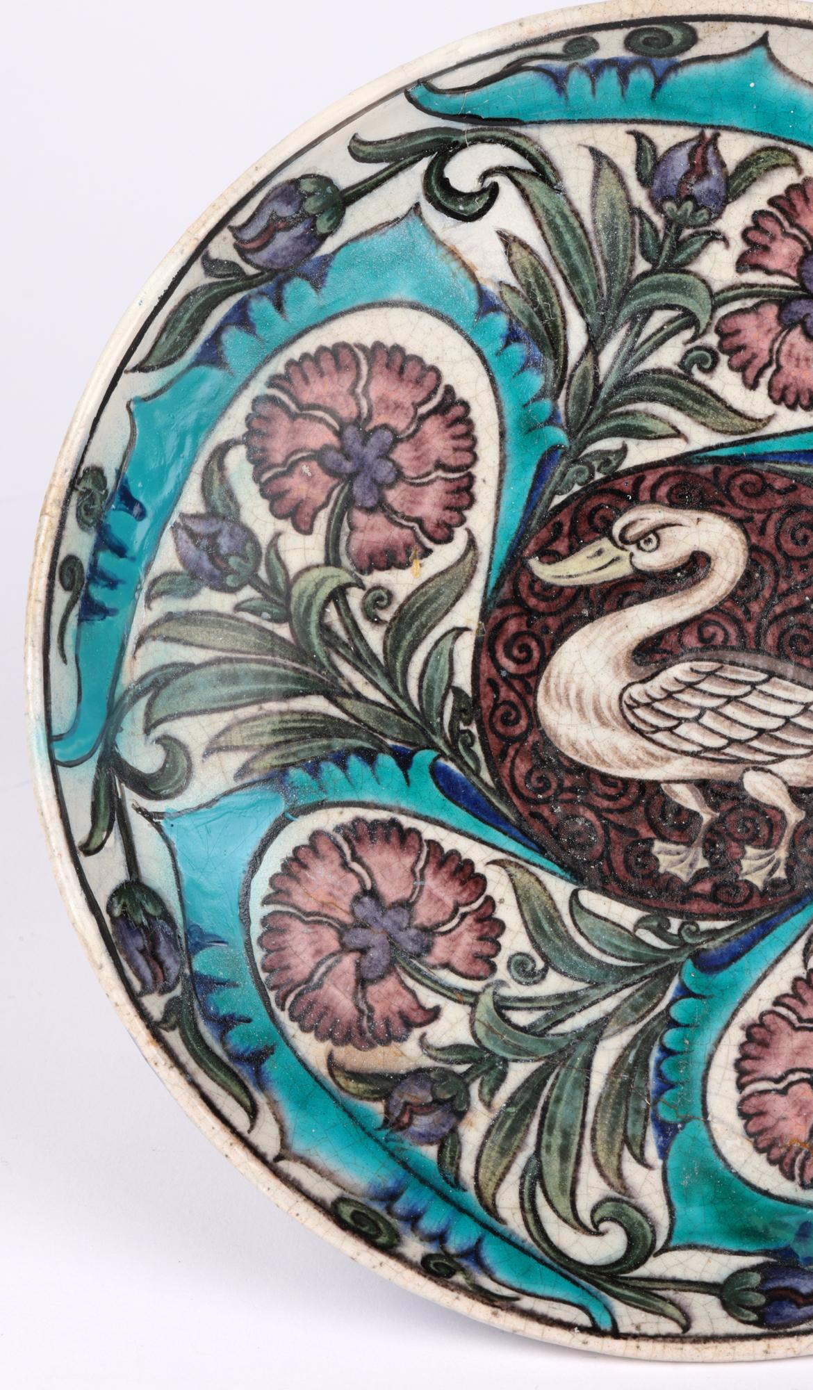 Rare Arts & Crafts Earthenware Persian Style Dish Hand Painted with a Swan 1