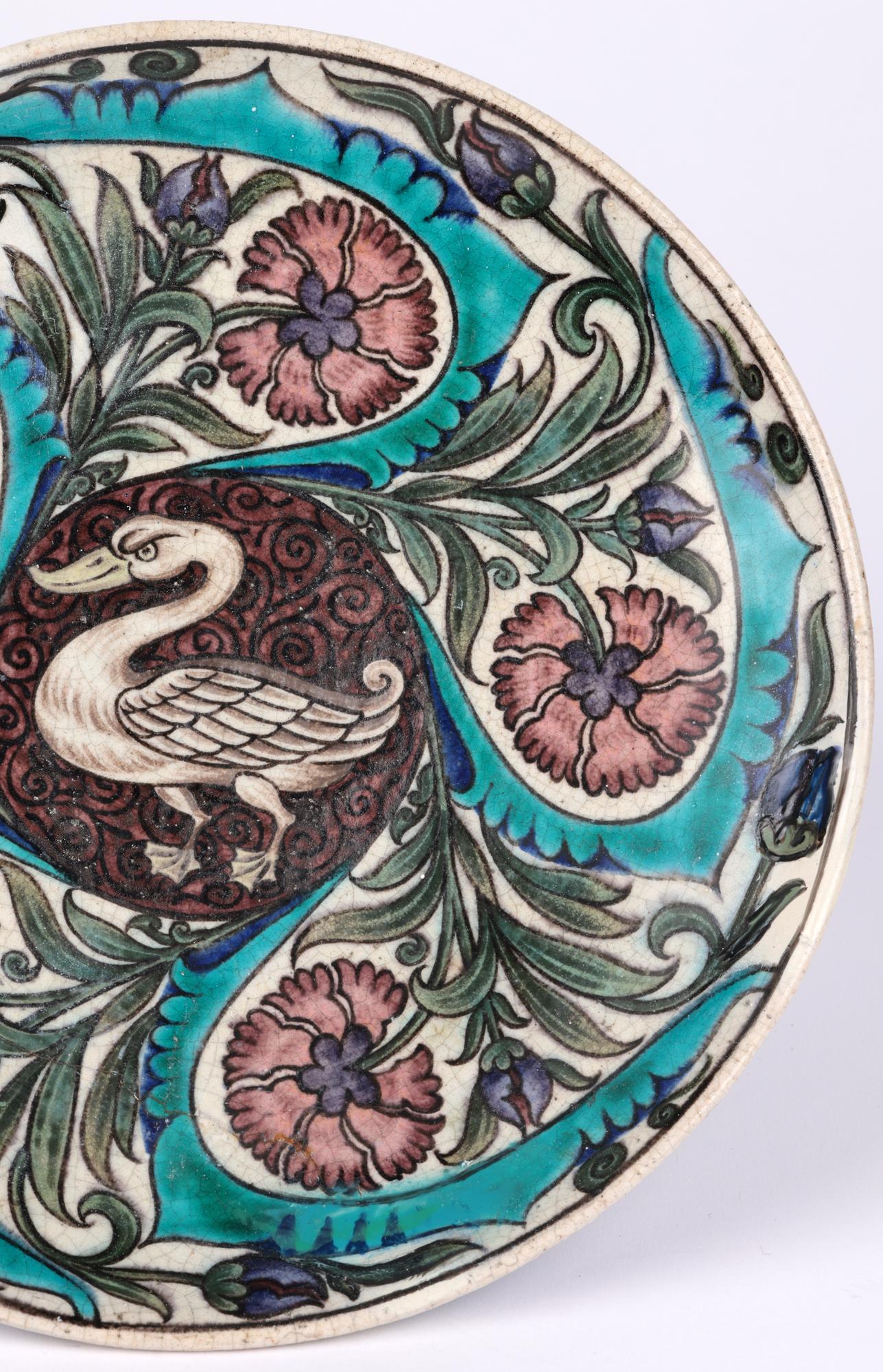 Rare Arts & Crafts Earthenware Persian Style Dish Hand Painted with a Swan 2