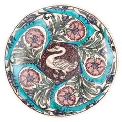 Antique Rare Arts & Crafts Earthenware Persian Style Dish Hand Painted with a Swan