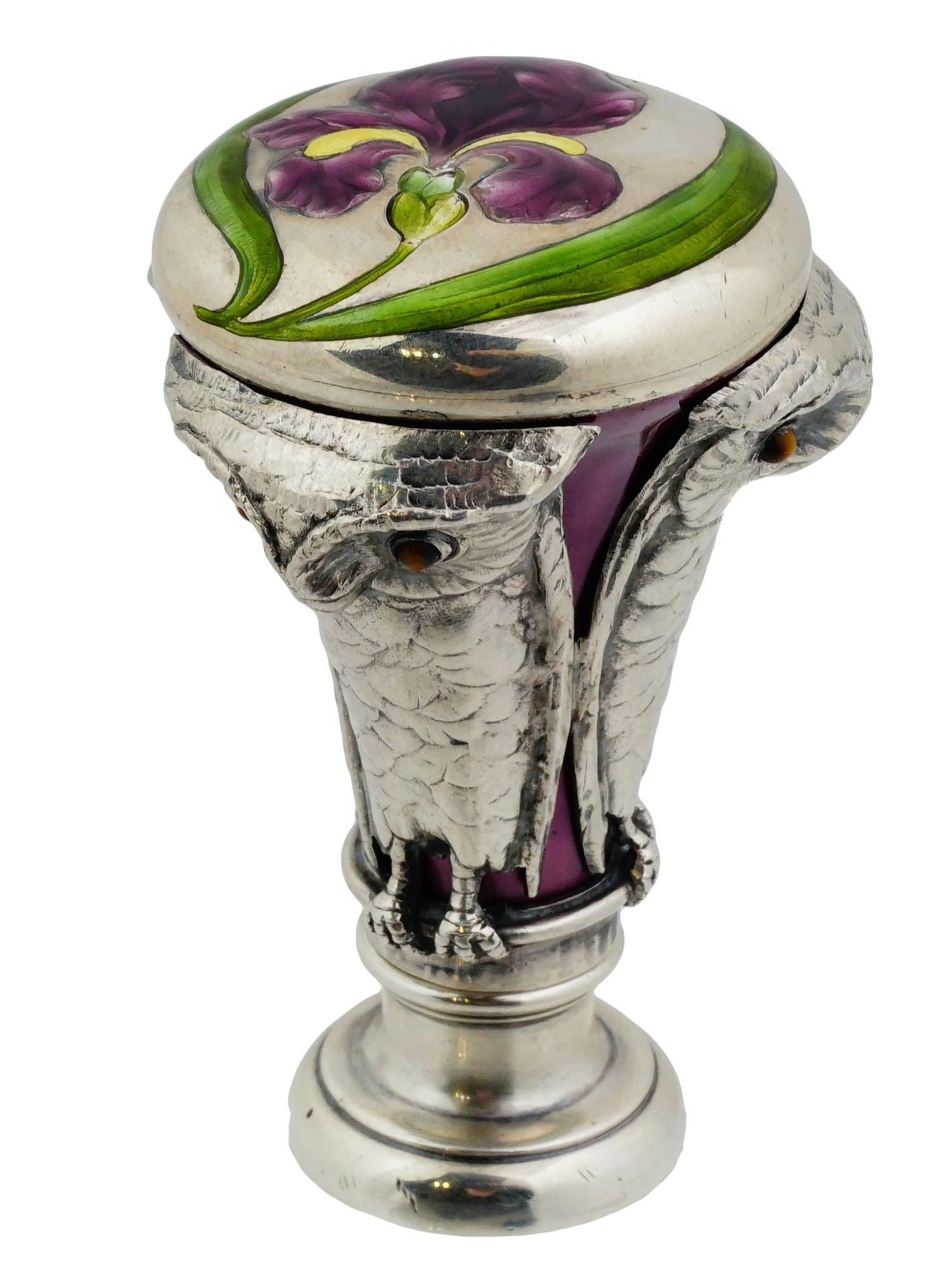 Charming and Rare Austrian Art Nouveau Silver and Enamel Owl Seal by Georg Adam Scheid.

A rare and enchanting work of Viennese decorative art, this early 20th-century Austrian silver and enamel seal is a beautifully detailed example of Art Nouveau