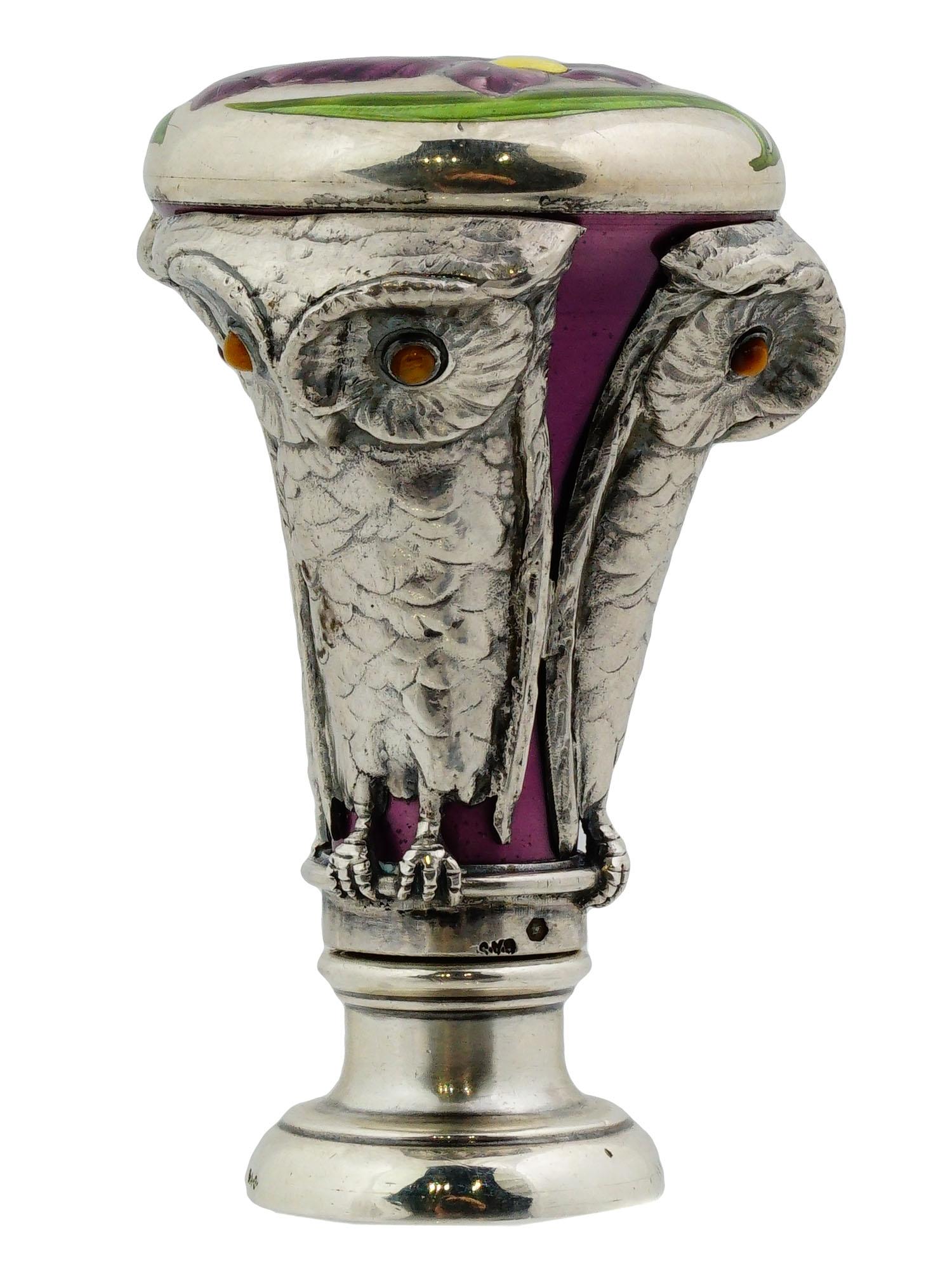 A Rare Austrian Art Nouveau Silver and Enamel Owl Seal by Georg Adam Scheid In Good Condition For Sale In Queens, NY