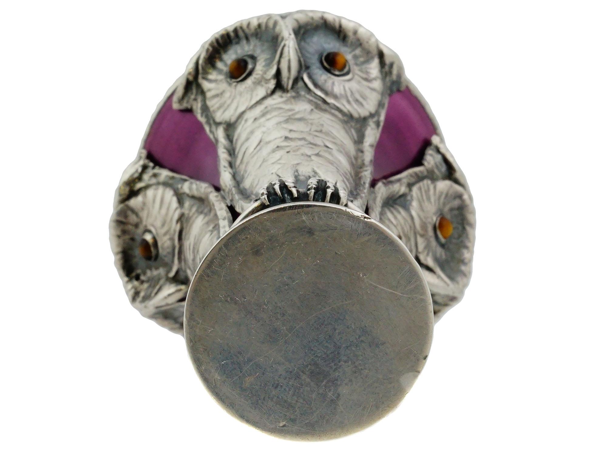 A Rare Austrian Art Nouveau Silver and Enamel Owl Seal by Georg Adam Scheid For Sale 2