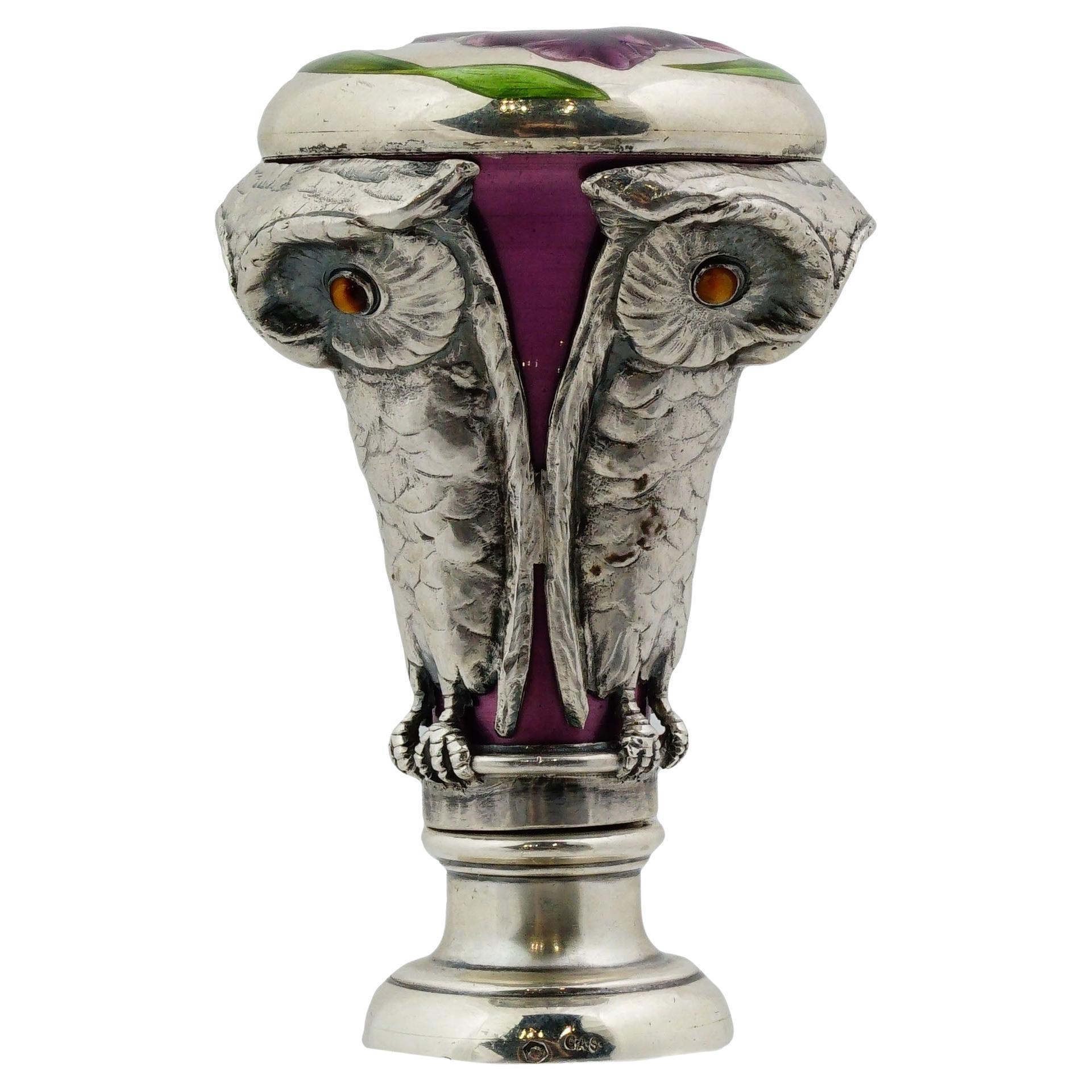 A Rare Austrian Art Nouveau Silver and Enamel Owl Seal by Georg Adam Scheid