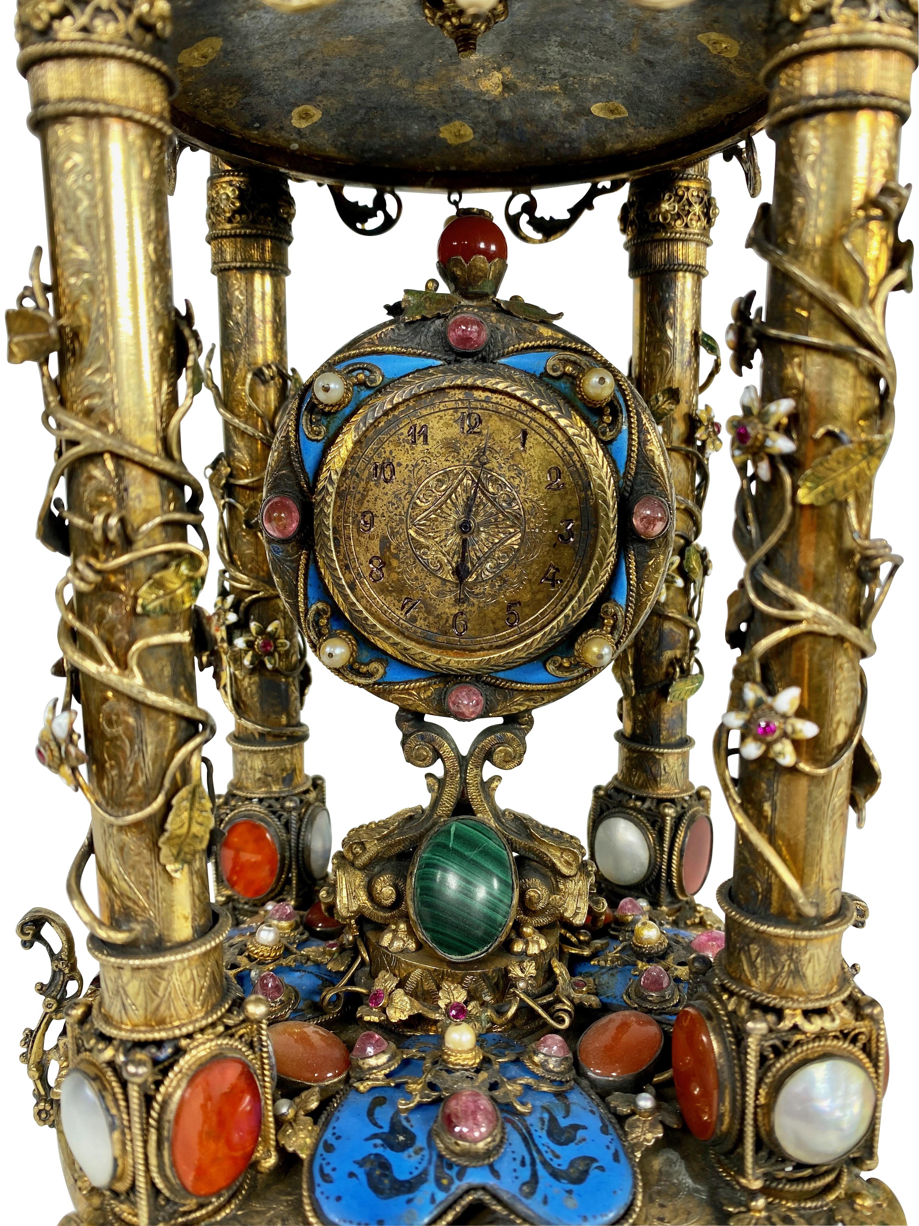 Austrian A Rare Austro Hungarian Gilt Silver & Jeweled Table Clock, Circa 1900 For Sale