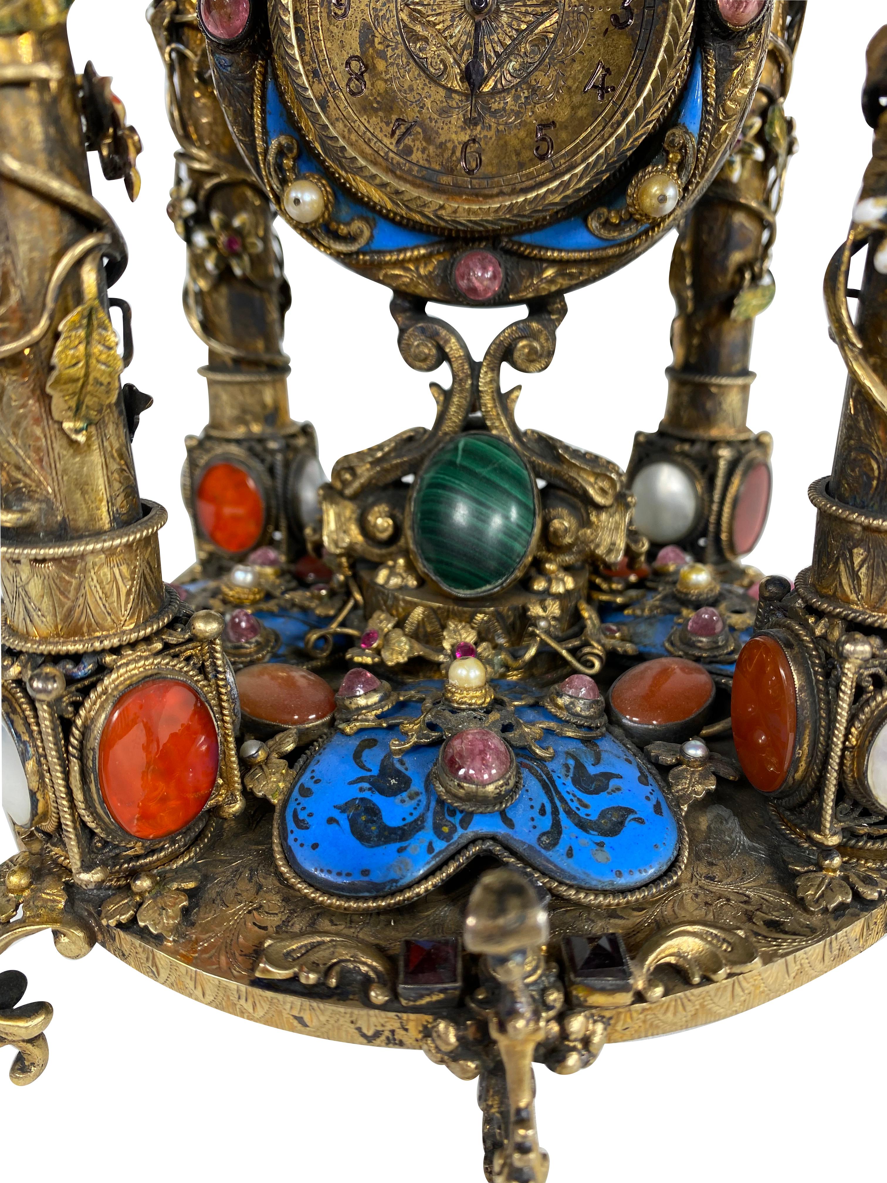Hand-Crafted A Rare Austro Hungarian Gilt Silver & Jeweled Table Clock, Circa 1900 For Sale