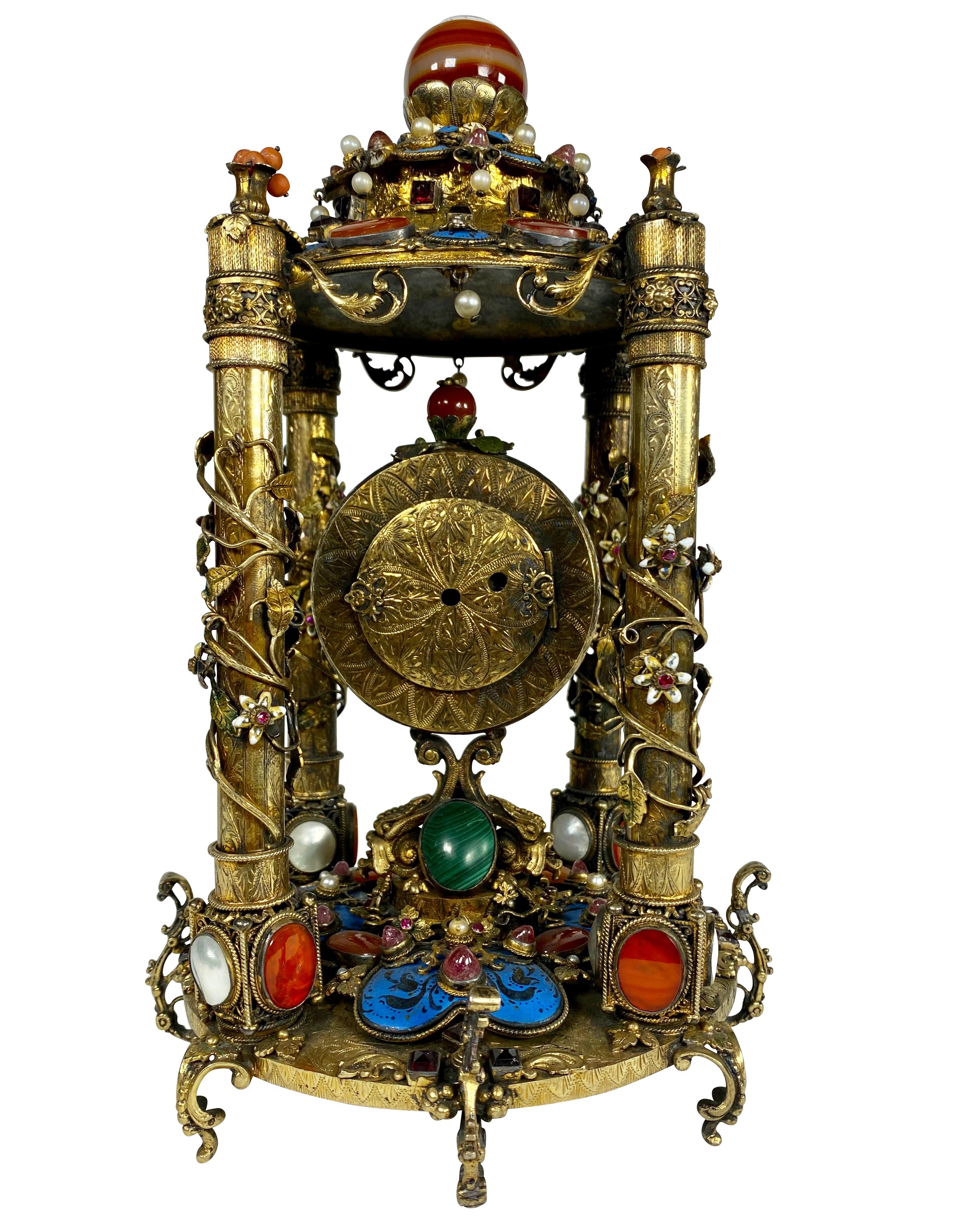 20th Century A Rare Austro Hungarian Gilt Silver & Jeweled Table Clock, Circa 1900 For Sale