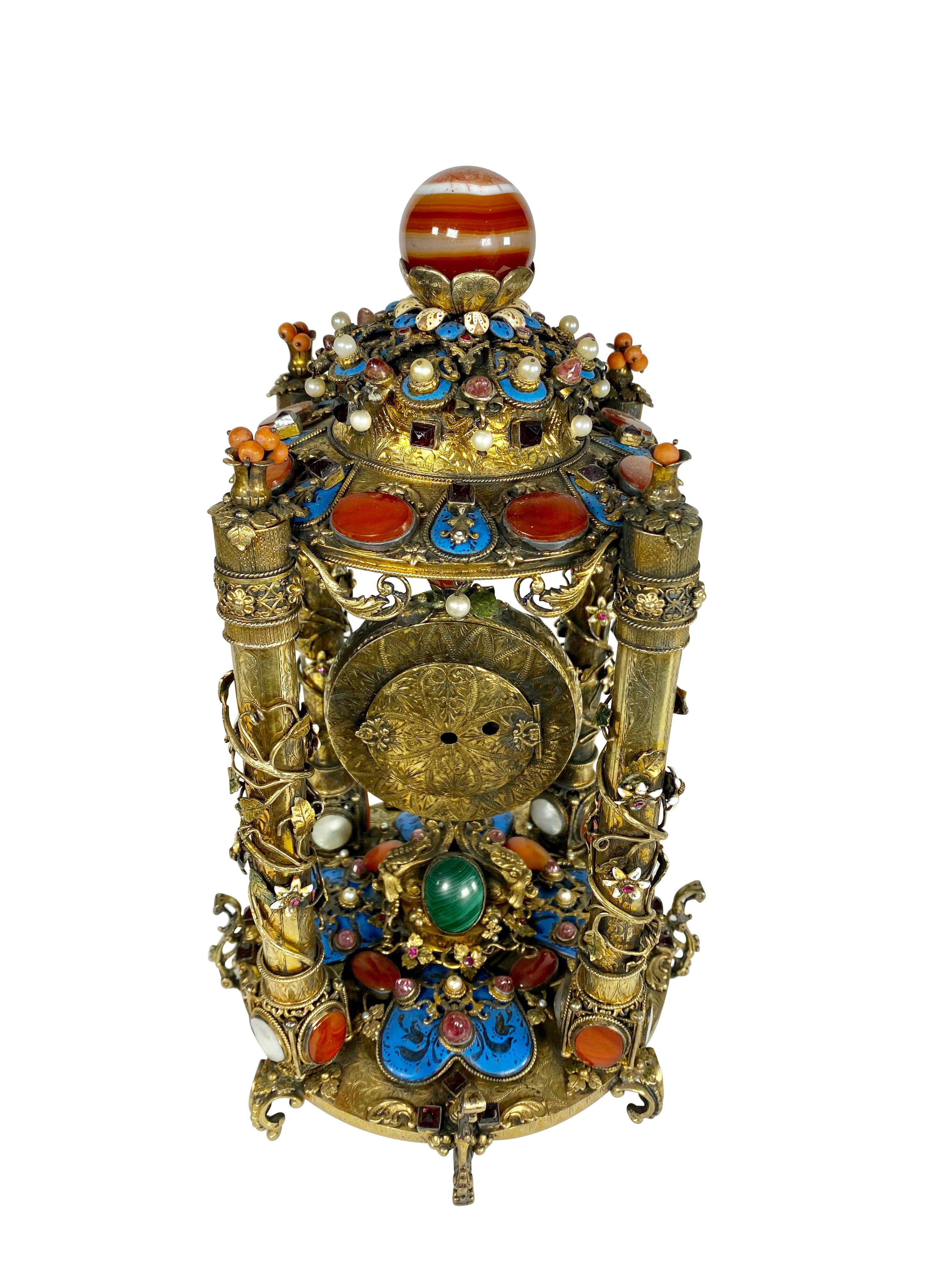 A Rare Austro Hungarian Gilt Silver & Jeweled Table Clock, Circa 1900 For Sale 1