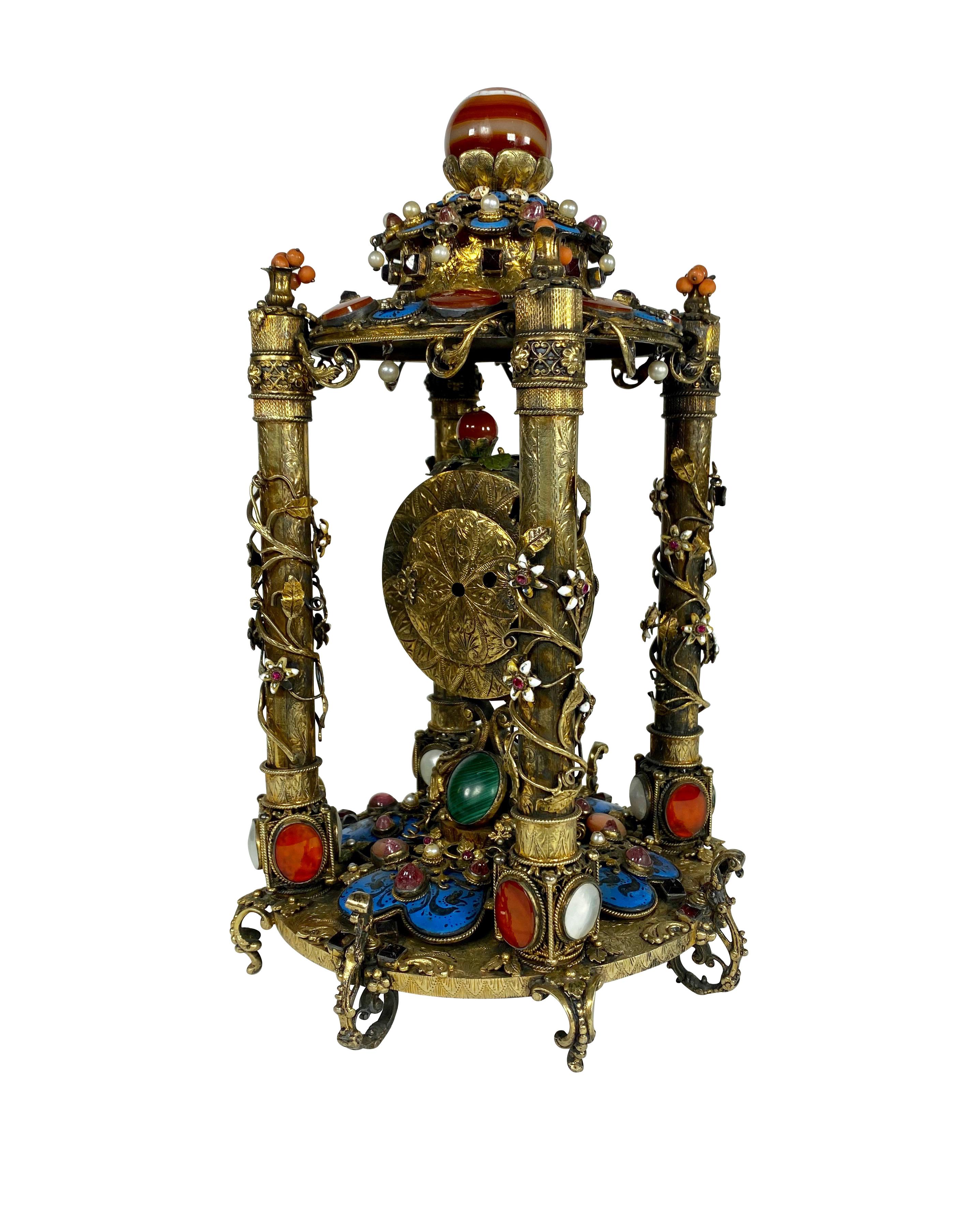 A Rare Austro Hungarian Gilt Silver & Jeweled Table Clock, Circa 1900 For Sale 2
