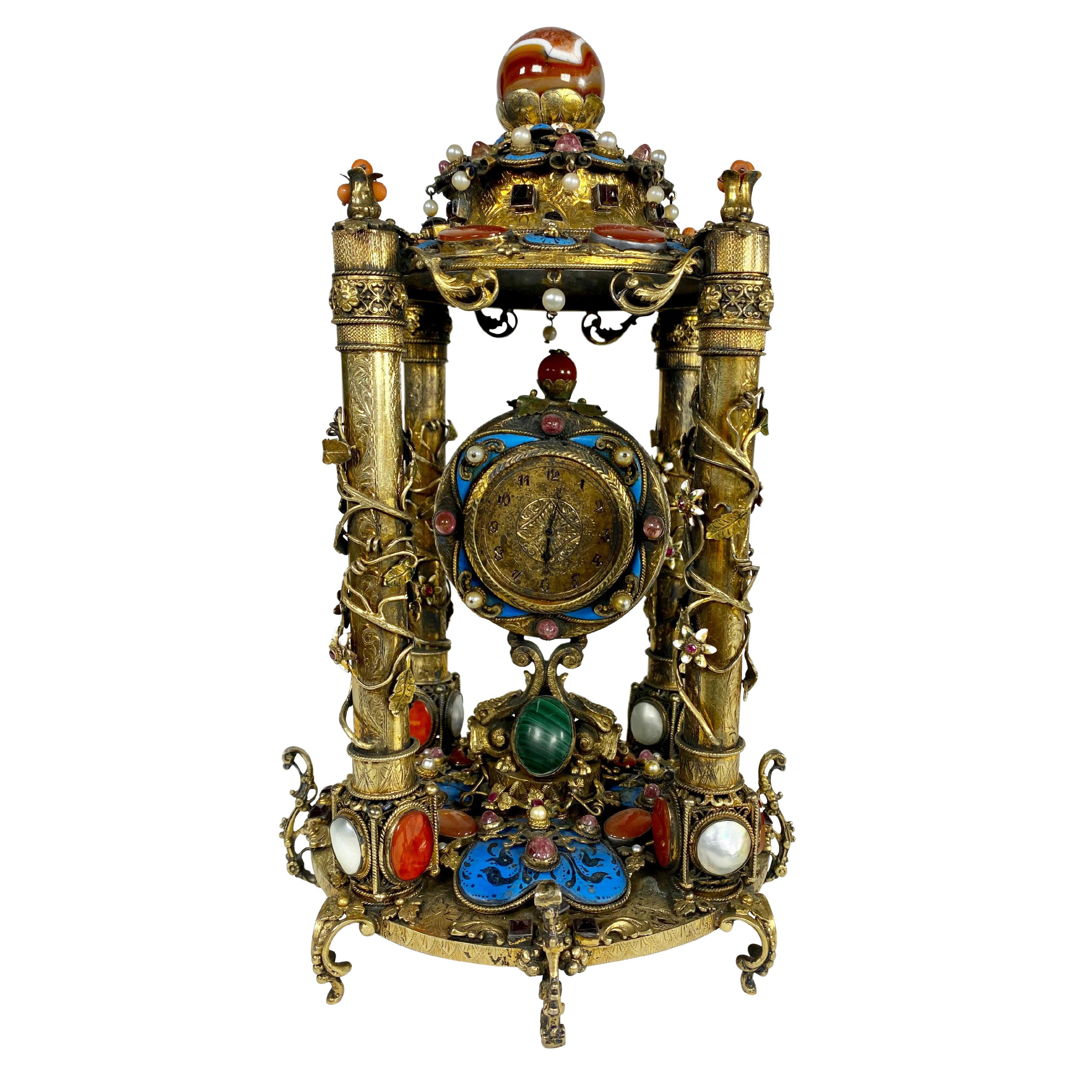 A Rare Austro Hungarian Gilt Silver & Jeweled Table Clock, Circa 1900 For Sale
