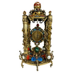 Antique A Rare Austro Hungarian Gilt Silver & Jeweled Table Clock, Circa 1900