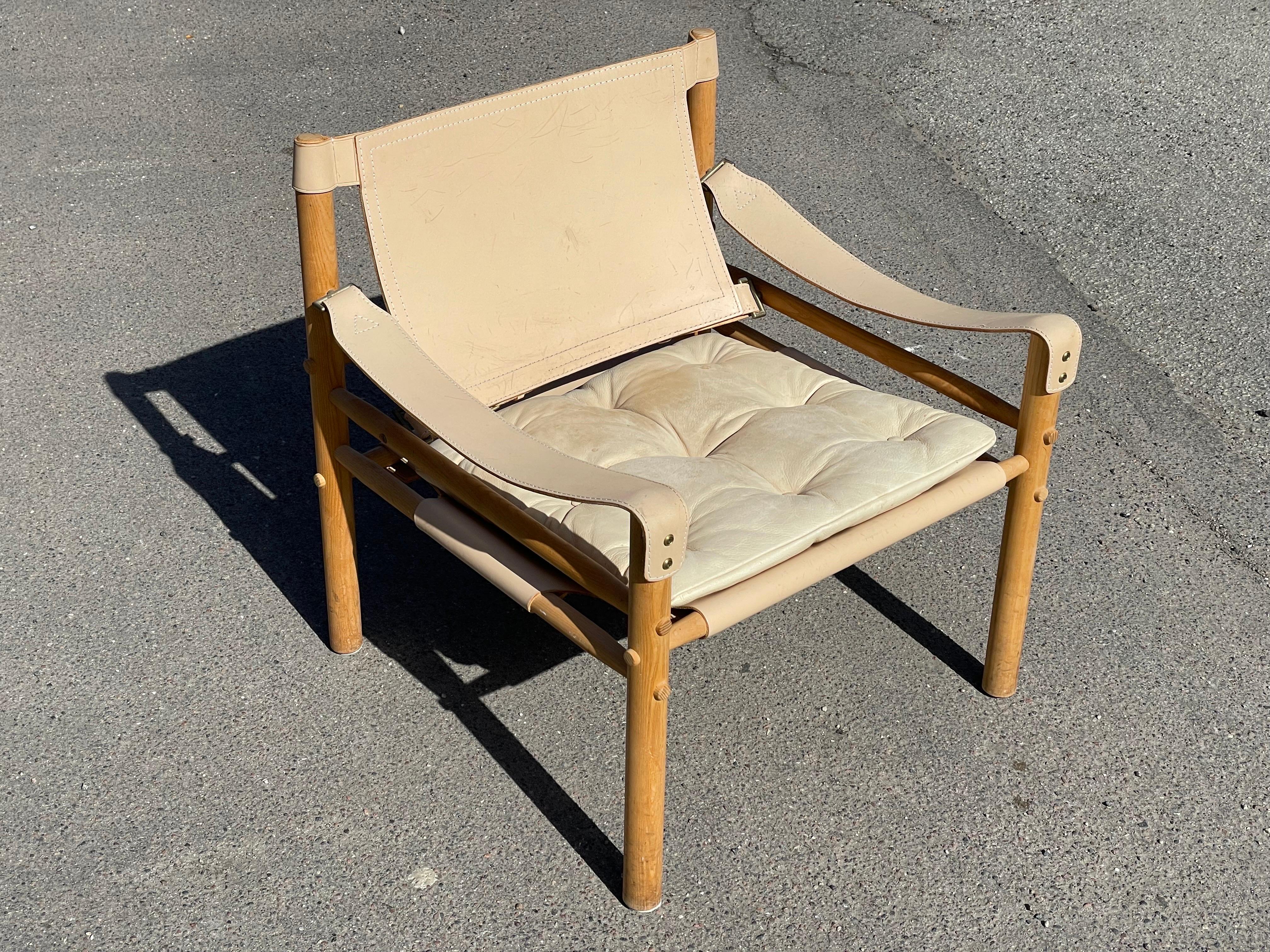 Mid-Century Modern Rare Beige Leather Arne Norell Easy Chair Model Sirocco, 1970s For Sale