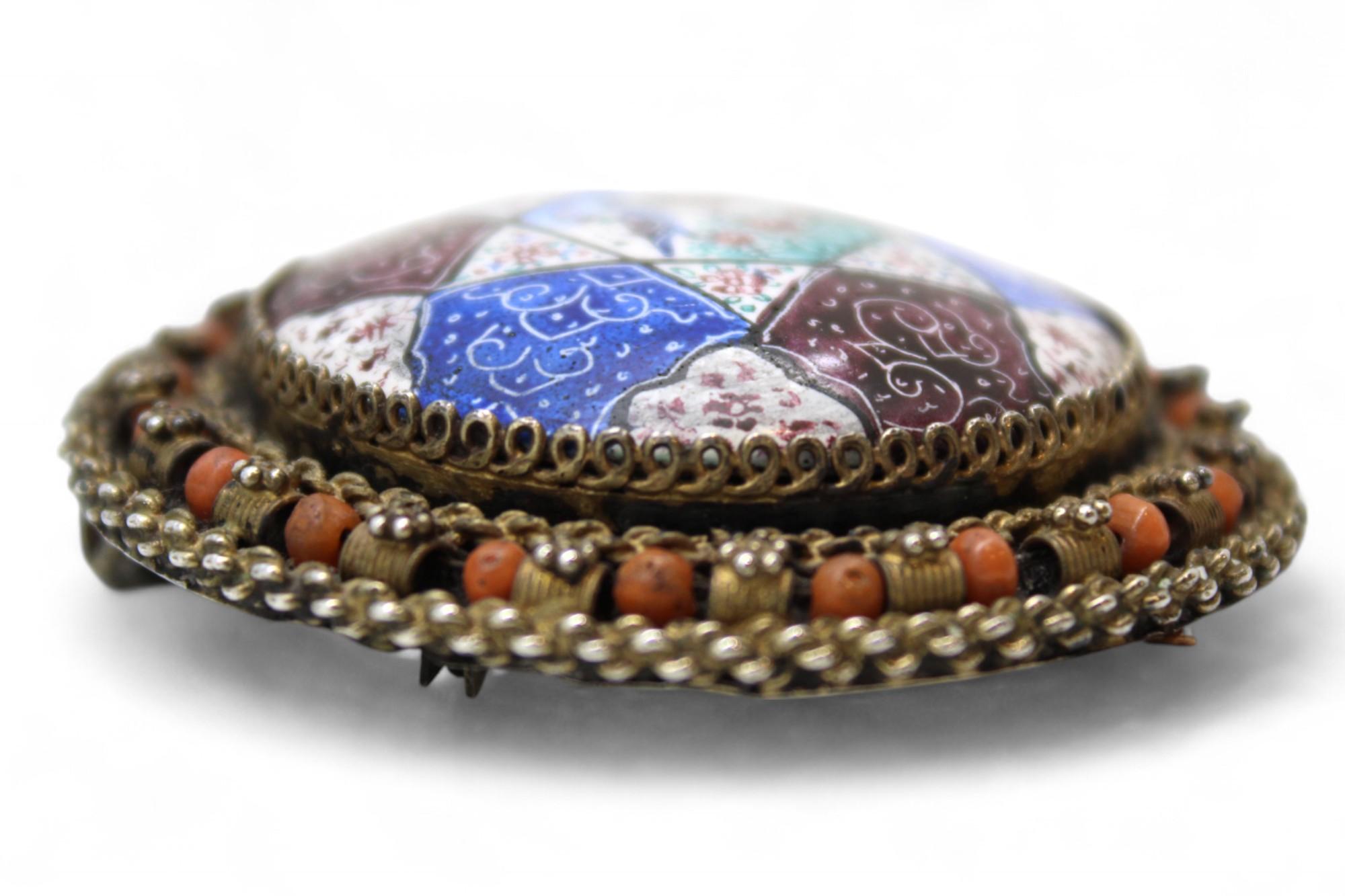Israeli A Rare Bezalel Silver, Enamel, and Filigree Brooch, Israel, 1950s For Sale