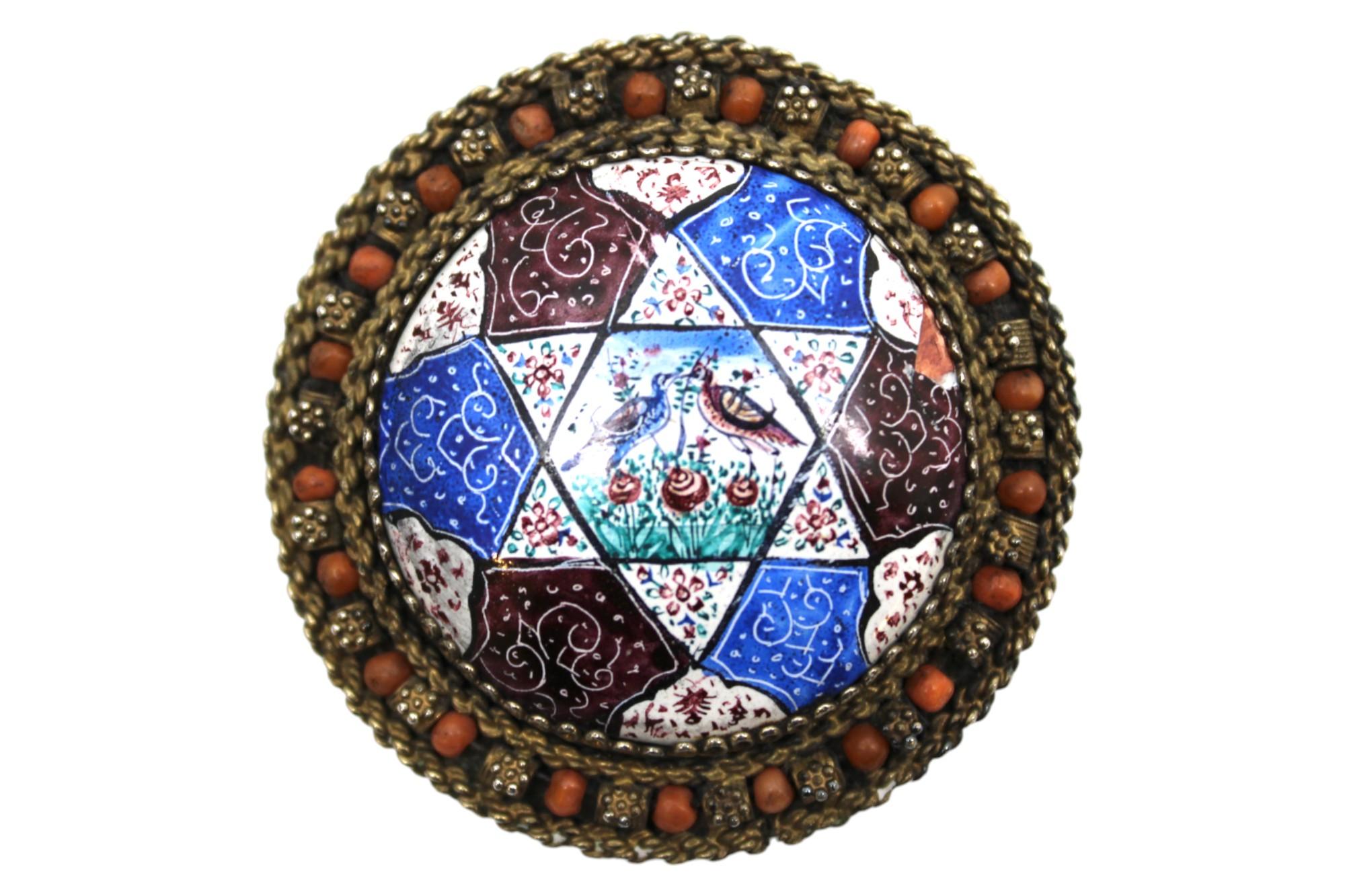 Hand-Painted A Rare Bezalel Silver, Enamel, and Filigree Brooch, Israel, 1950s For Sale