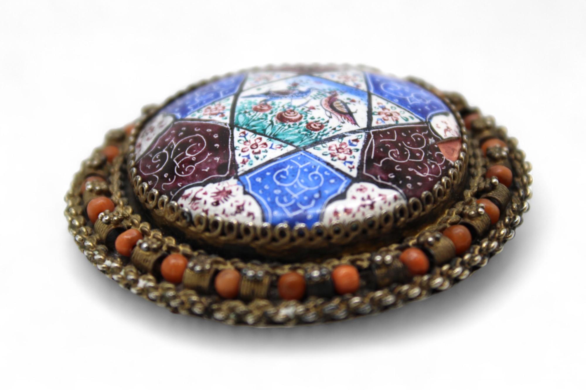 A Rare Bezalel Silver, Enamel, and Filigree Brooch, Israel, 1950s In Good Condition For Sale In New York, NY