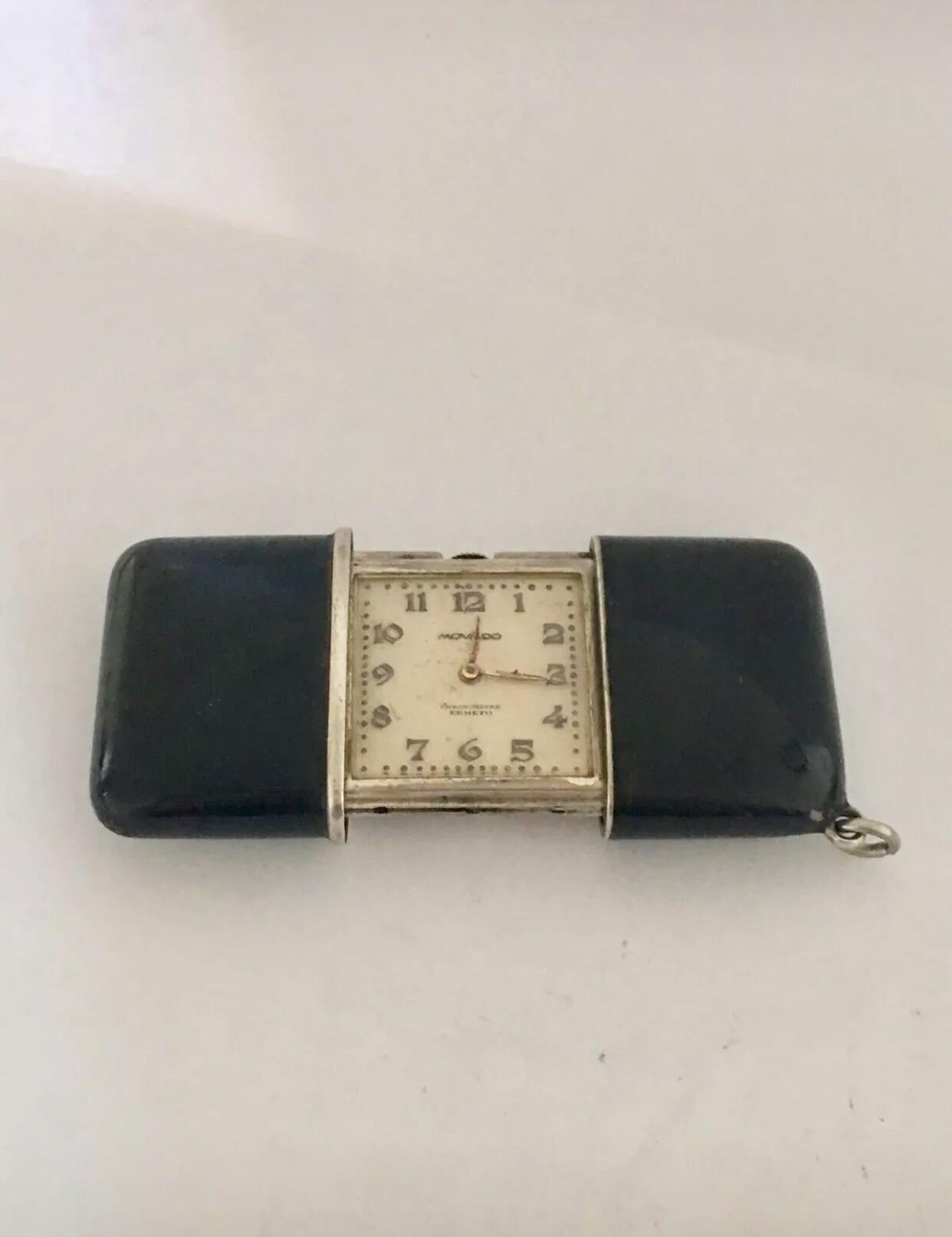 Rare Black Enamel and Silver Cased Movado Chronometre Ermeto Travel Clock For Sale 5