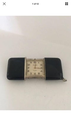 Rare Black Enamel and Silver Cased Movado Chronometre Ermeto Travel Clock