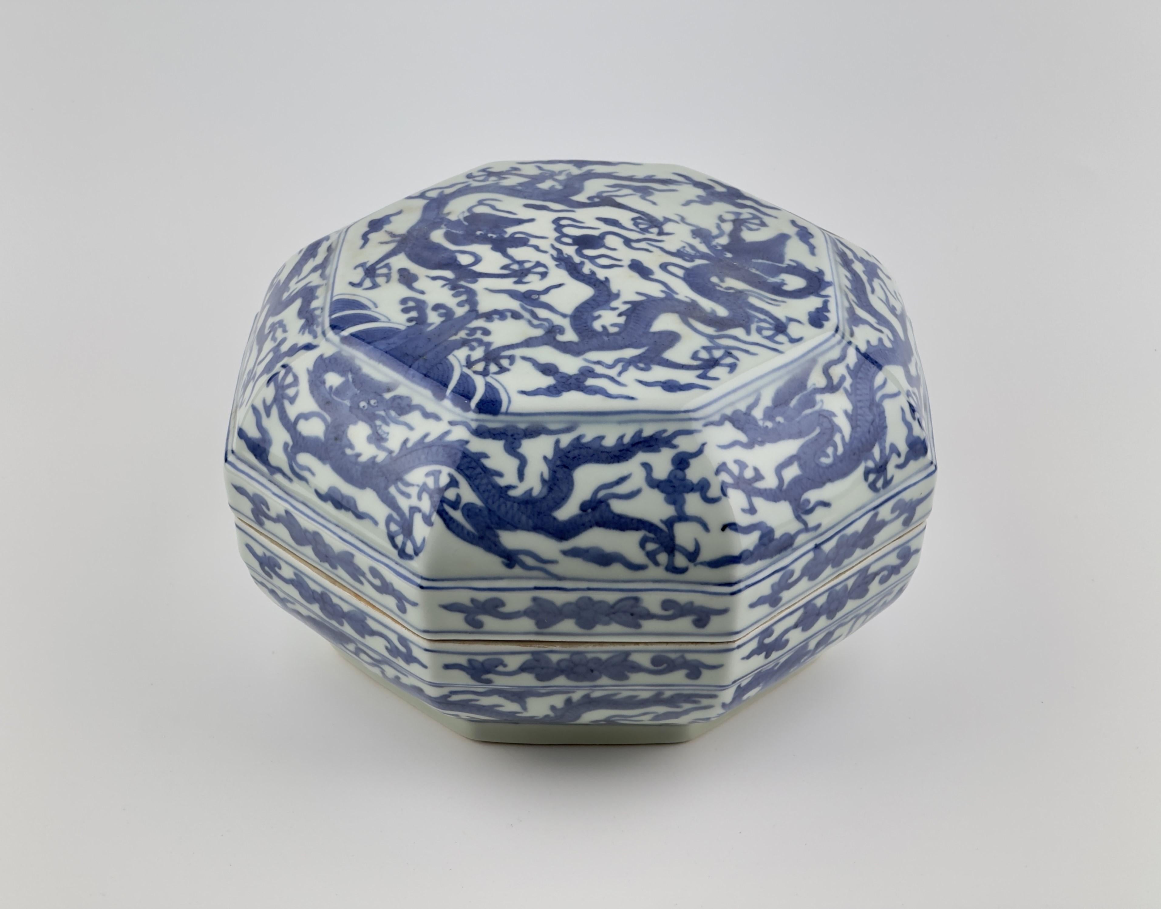 Numerous similar octagonal blue and white boxes with Wanli, Jiajing marks are housed in prestigious museum collections. An example in the Tokyo National Museum is featured in Illustrated Catalogue of Tokyo National Museum: Chinese Ceramics II,