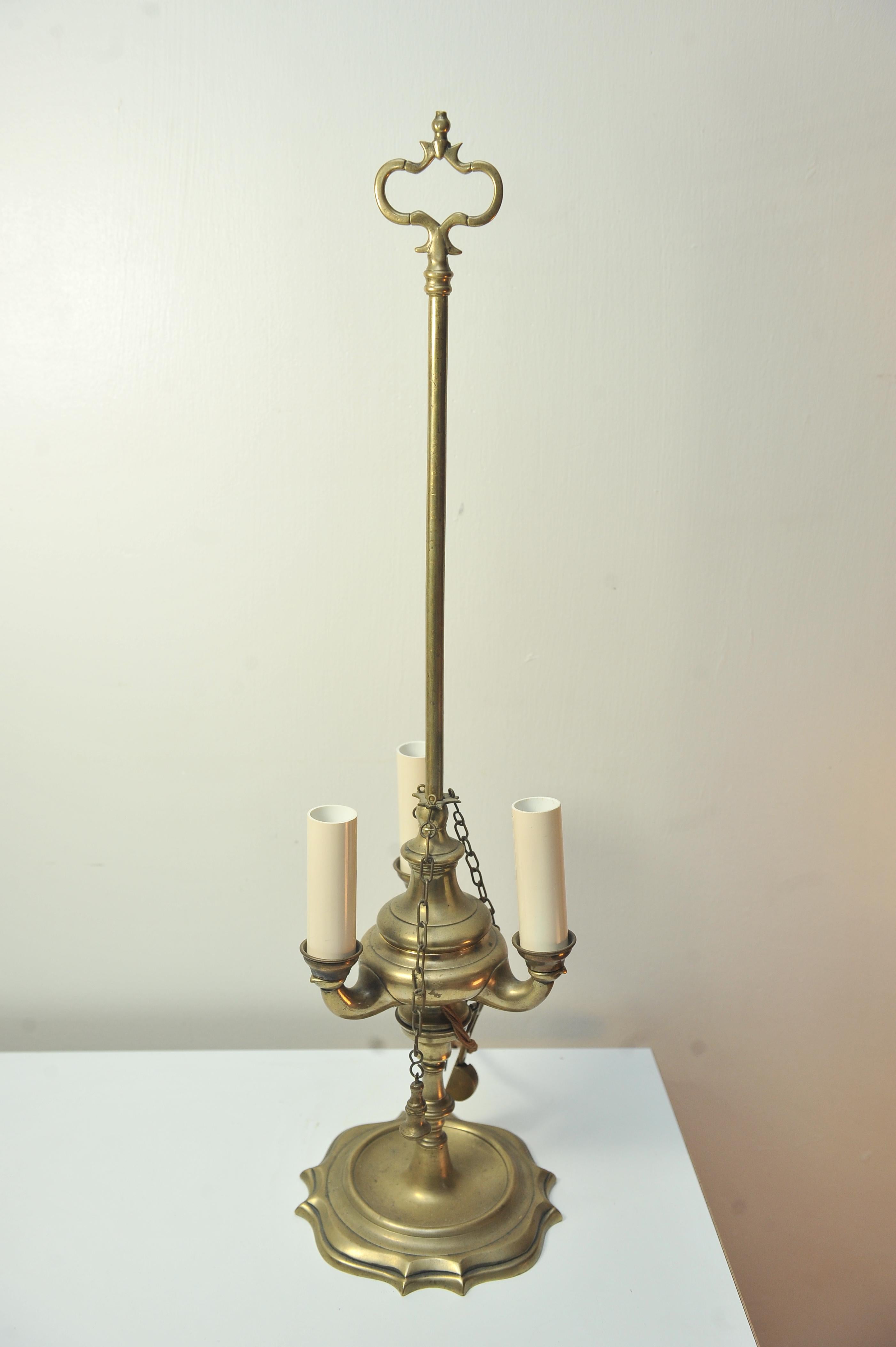A Rare Brass Bouillotte Triple Branch Table Lamp With Height Adjustable Shade  For Sale 2