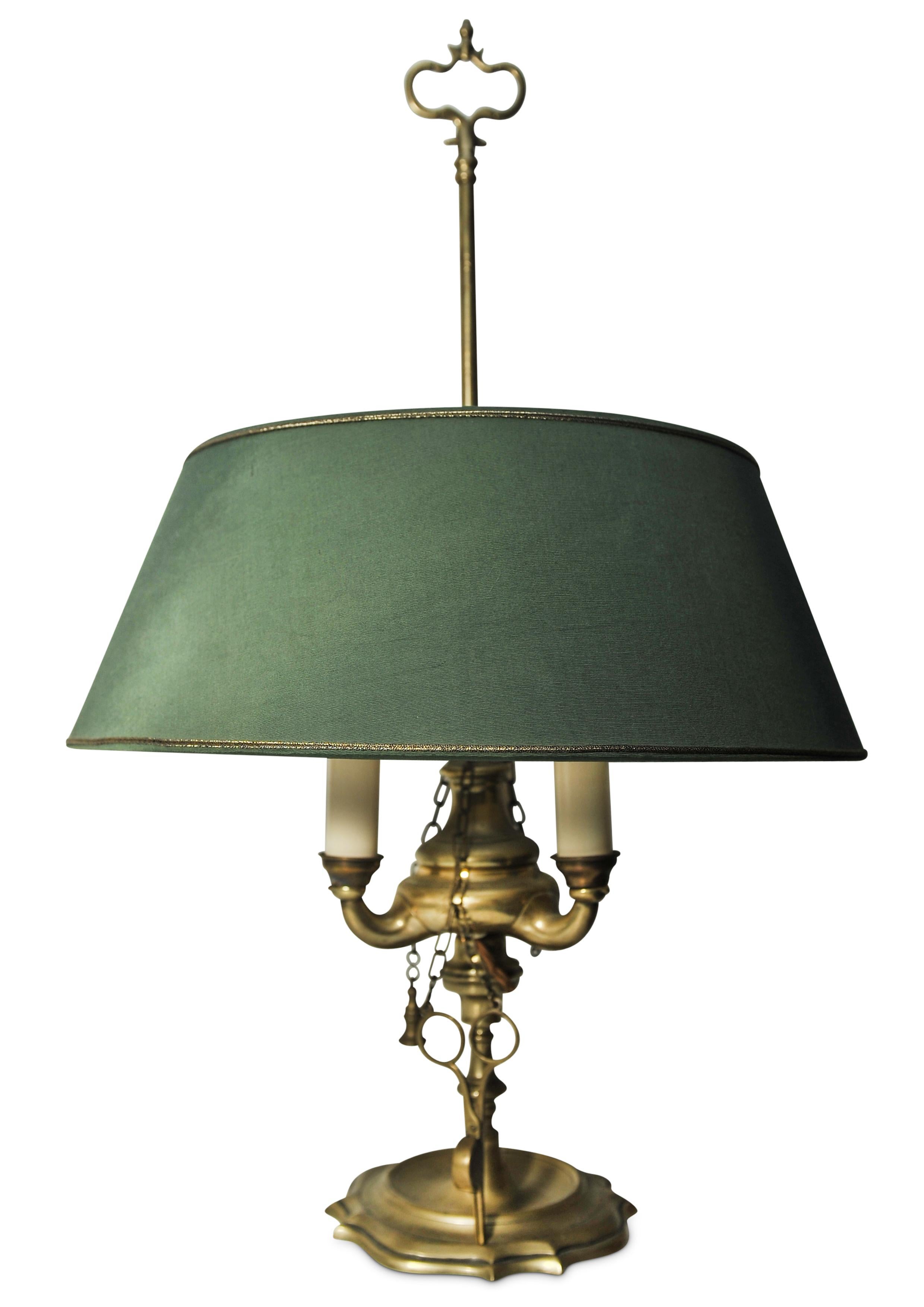 British A Rare Brass Bouillotte Triple Branch Table Lamp With Height Adjustable Shade  For Sale