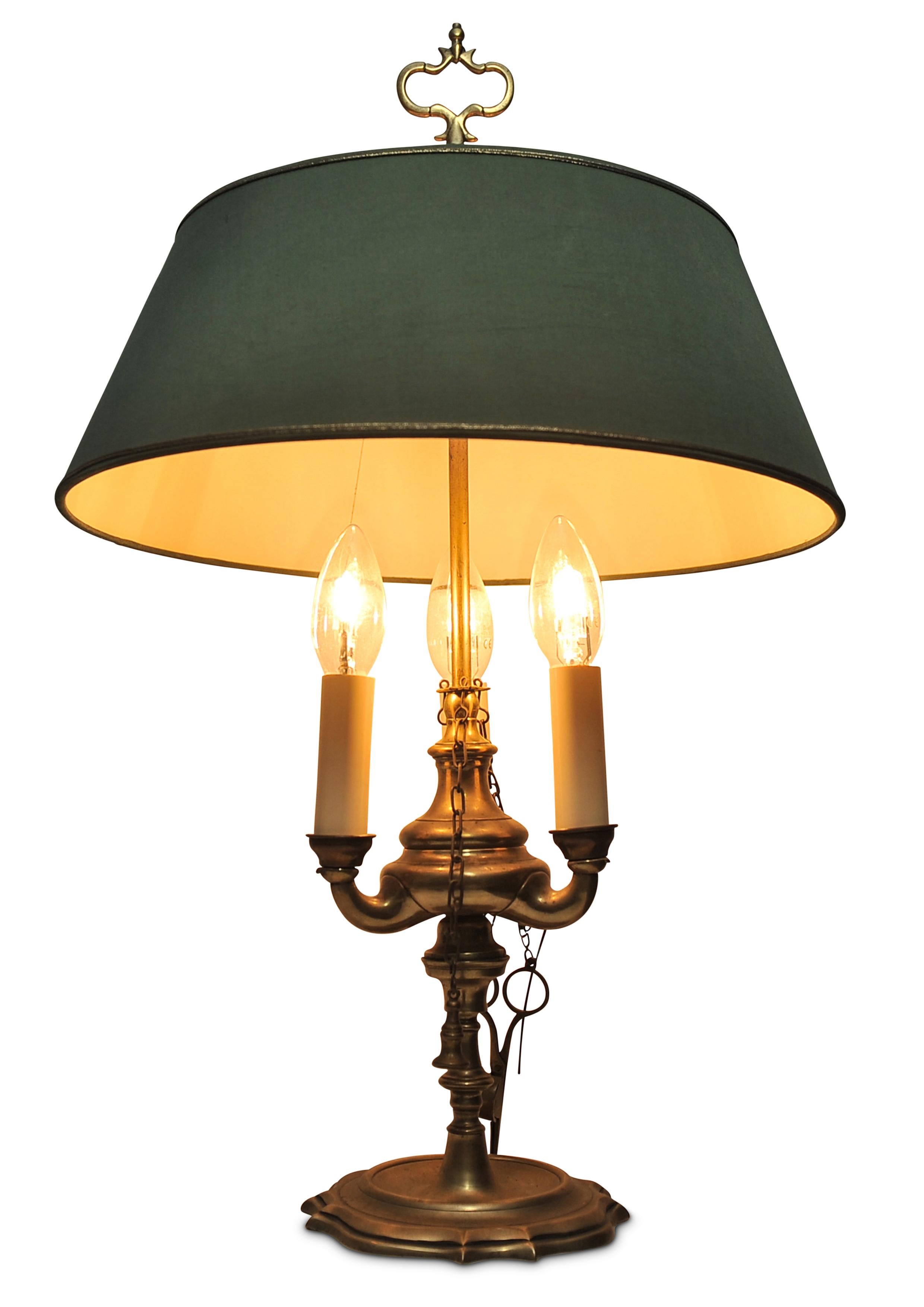 Empire A Rare Brass Bouillotte Triple Branch Table Lamp With Height Adjustable Shade  For Sale