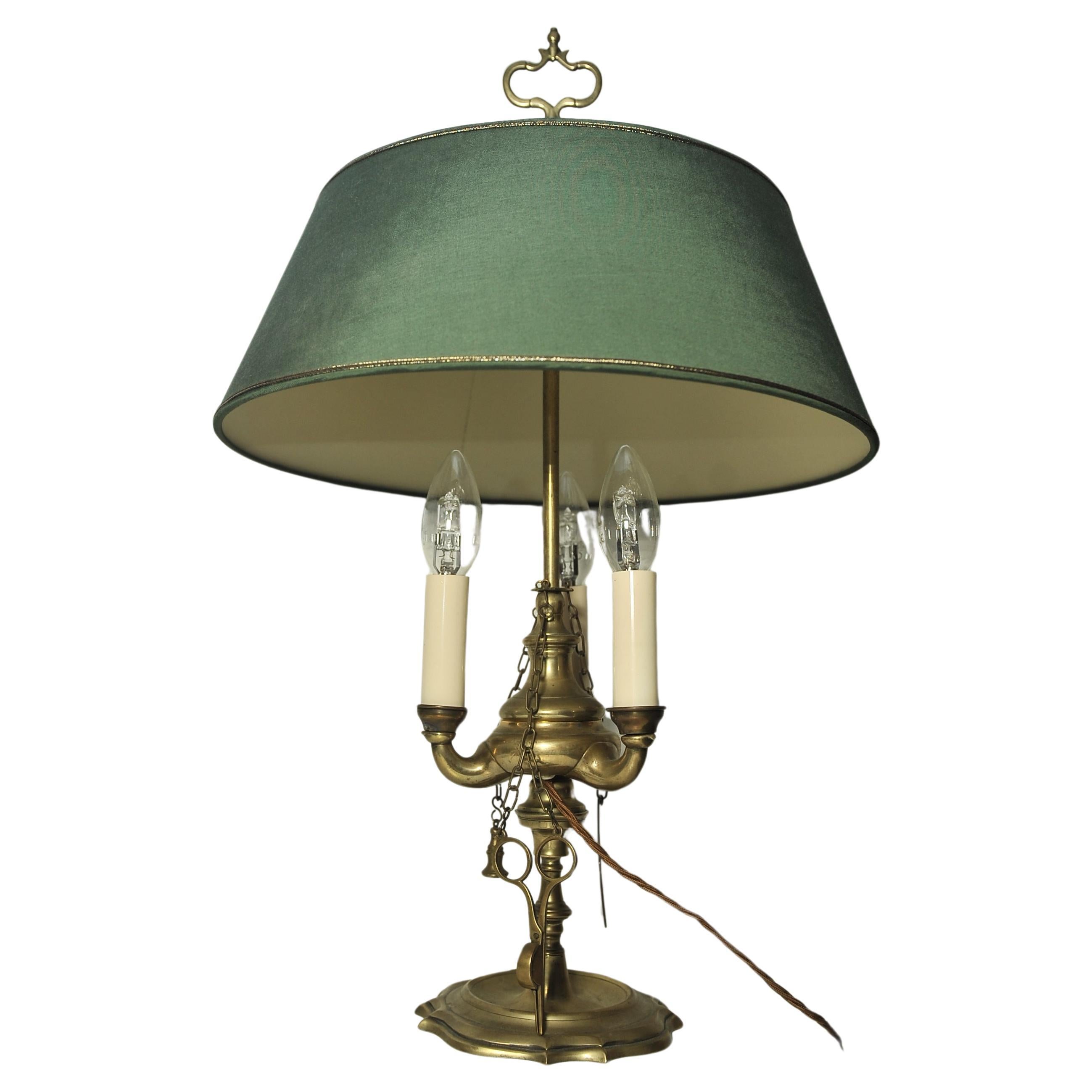 A Rare Brass Bouillotte Triple Branch Table Lamp With Height Adjustable Shade