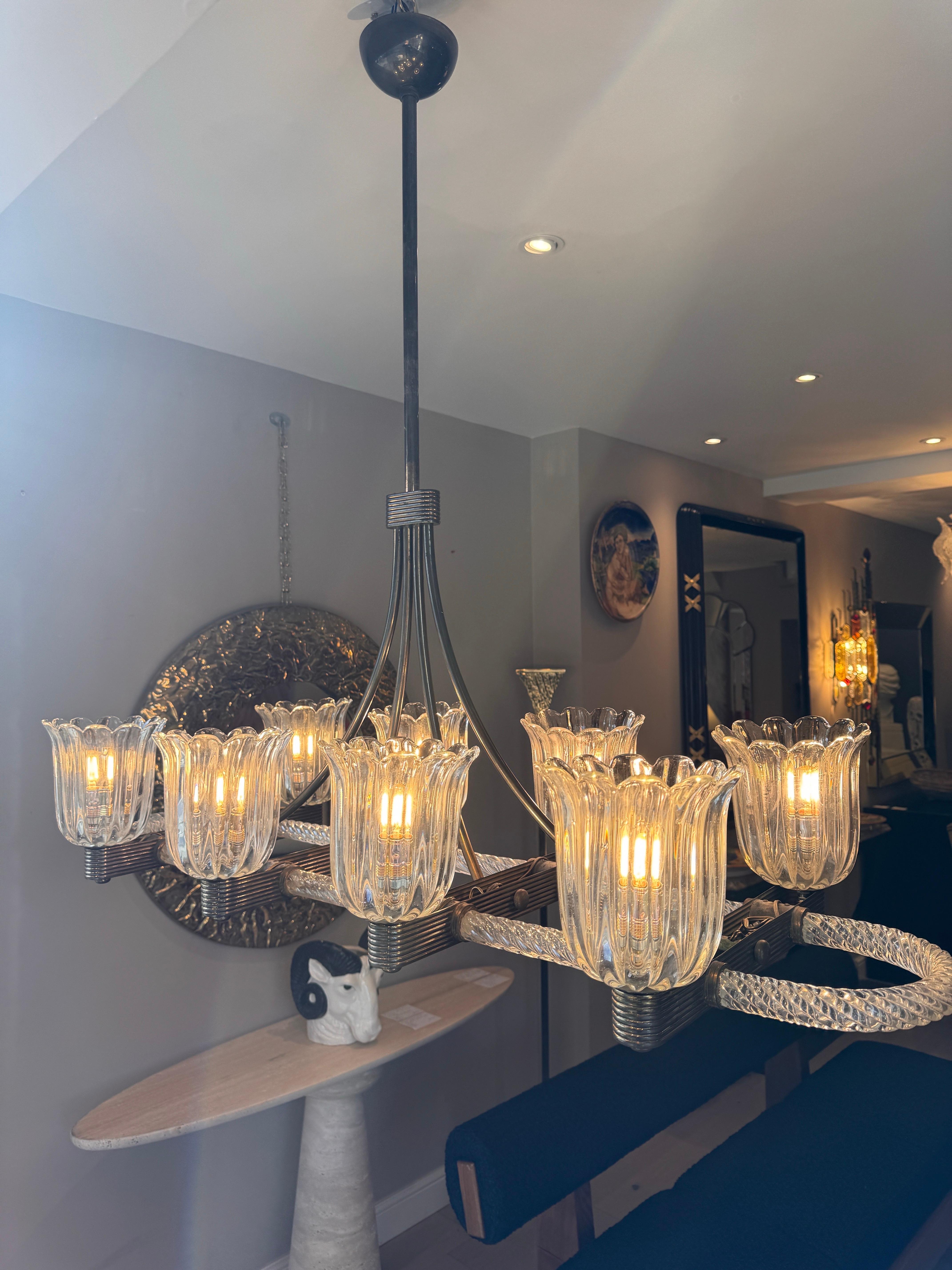 Art Deco A rare brass mounted 8 arms horizontal chandelier by Ercole Barovier For Sale