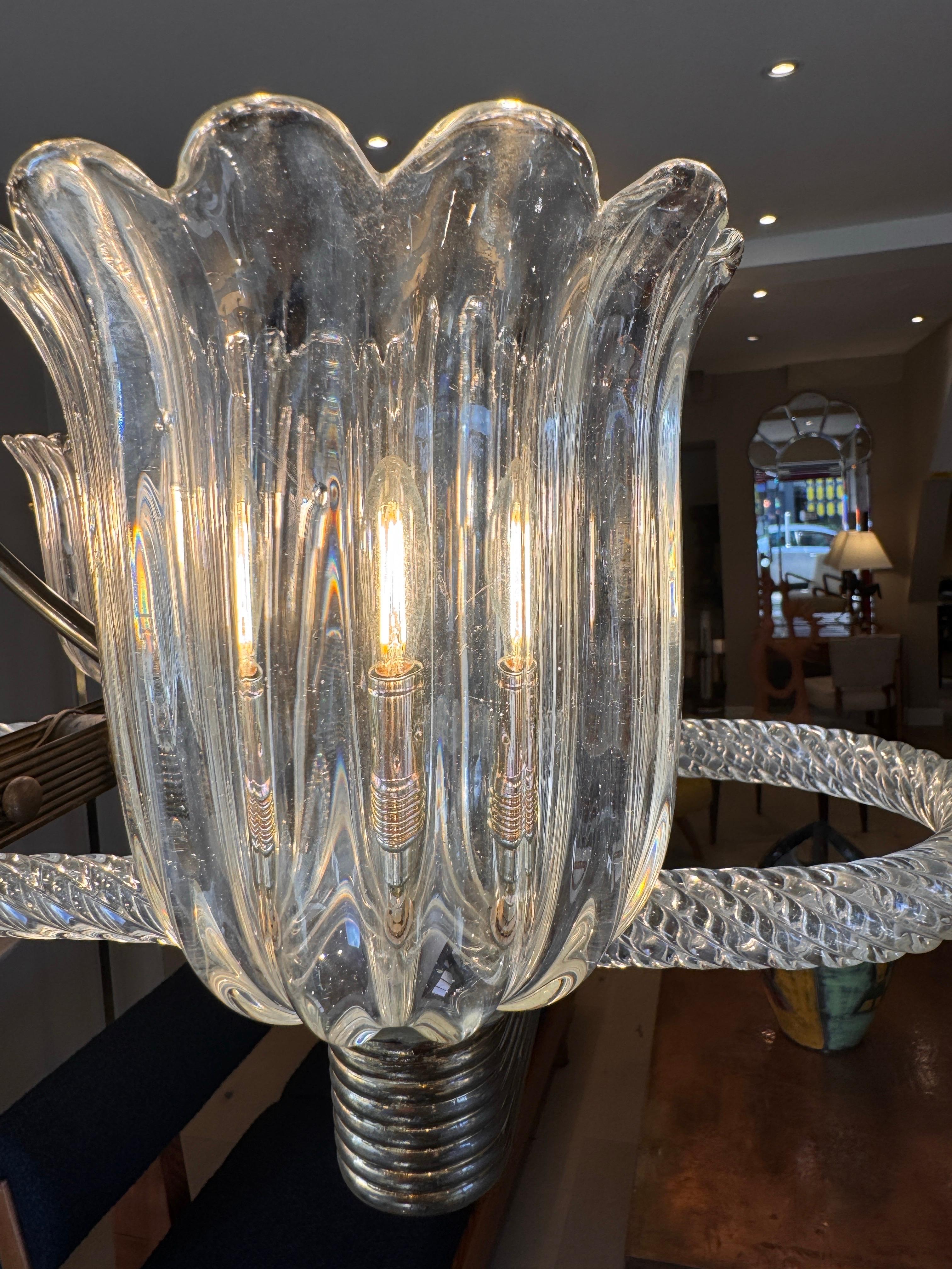 20th Century A rare brass mounted 8 arms horizontal chandelier by Ercole Barovier For Sale