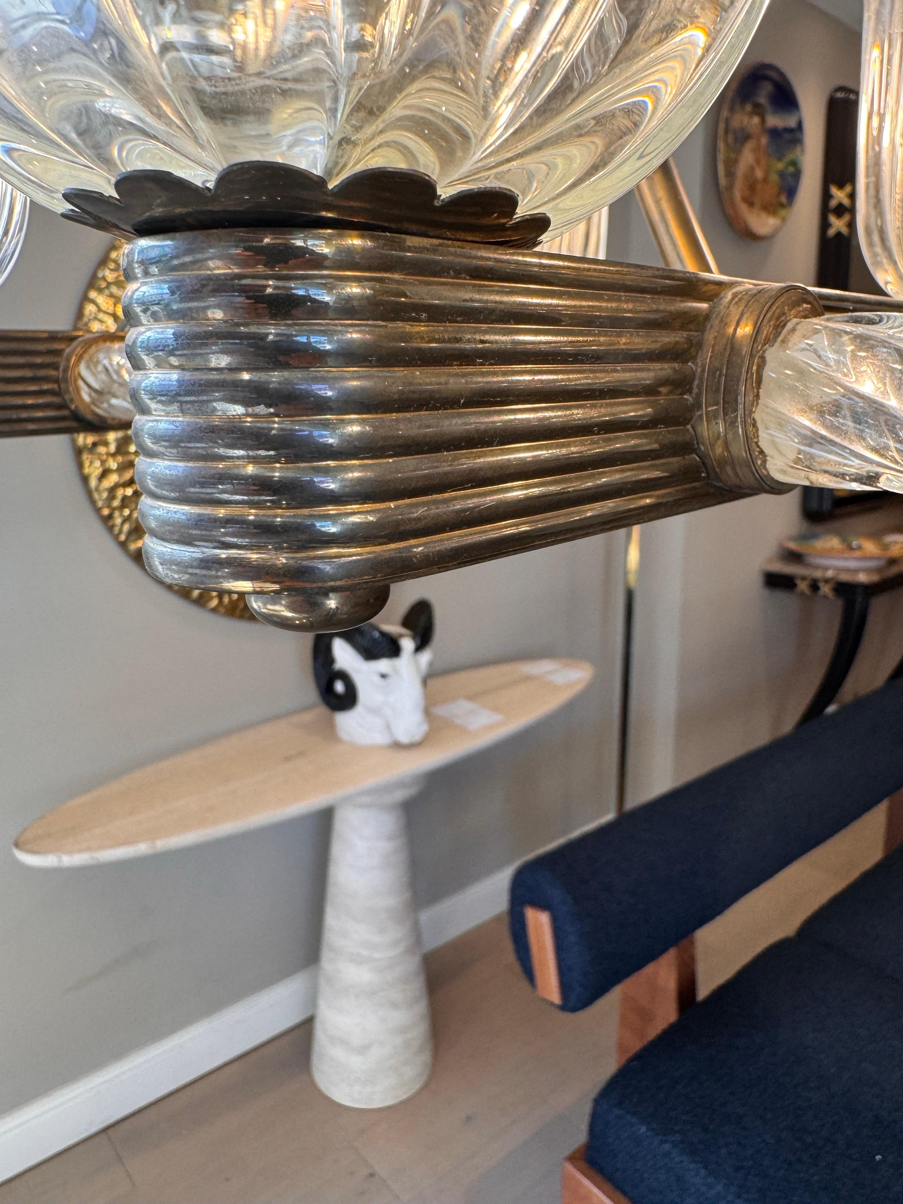 A rare brass mounted 8 arms horizontal chandelier by Ercole Barovier For Sale 1