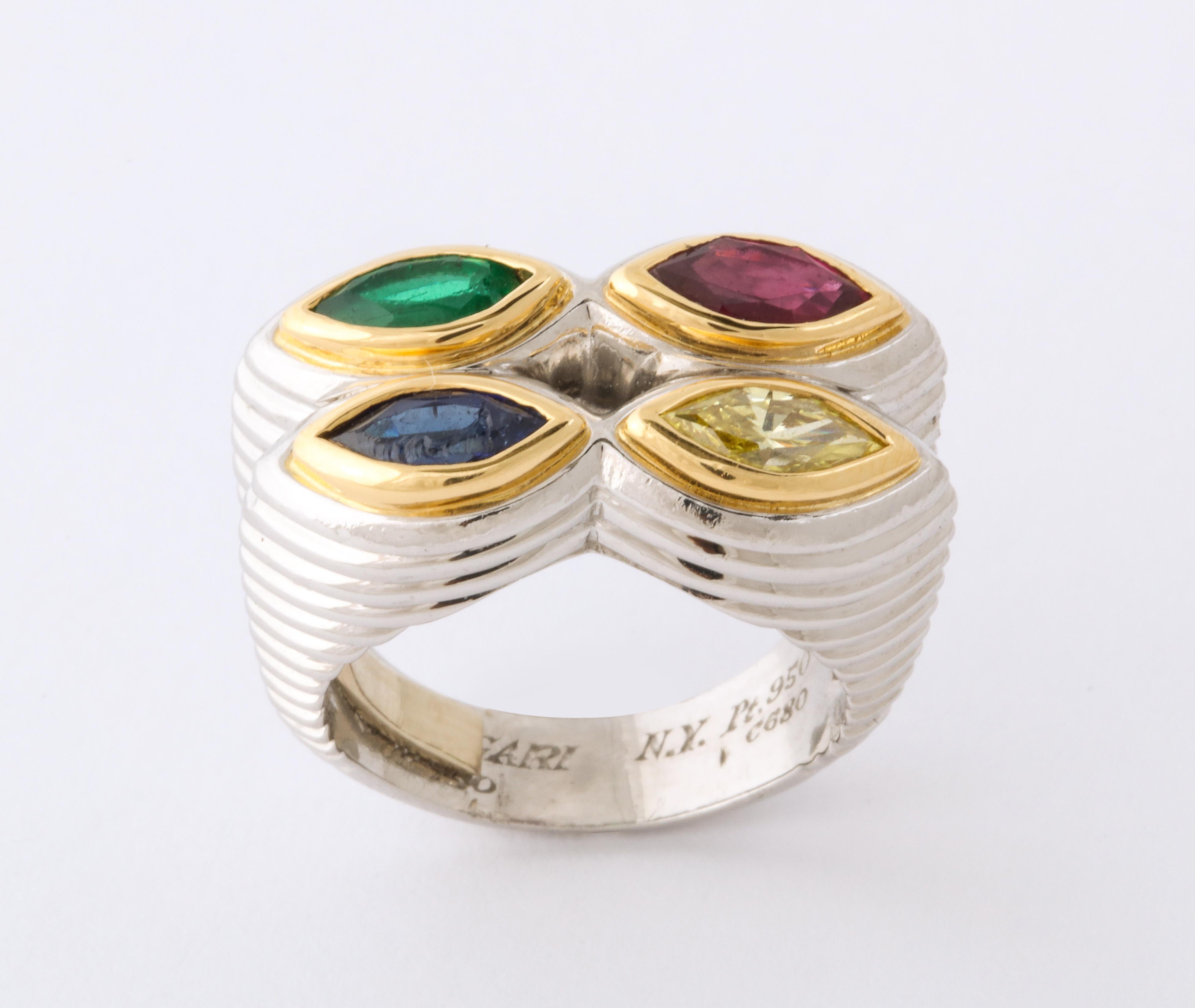 Rare Bulgari Platinum, Gold, Mulit-Gem and Yellow Diamond Ring In Excellent Condition In New York, NY