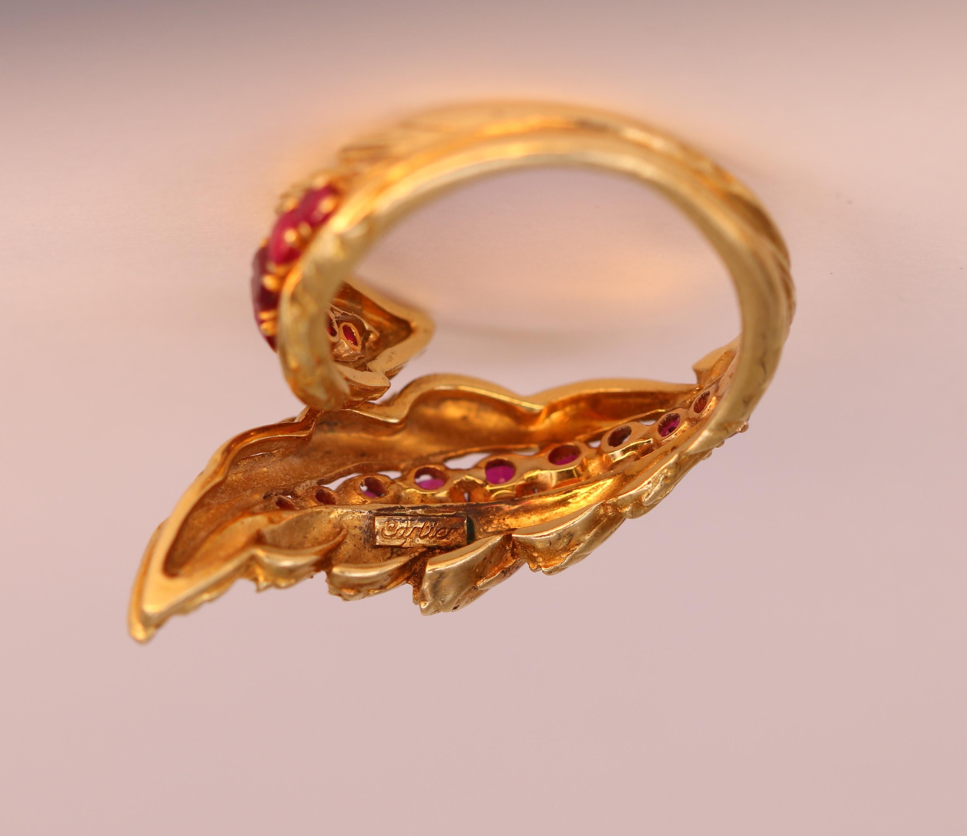 Rare Cartier Ruby and Yellow Gold Feather Crossover Ring 2