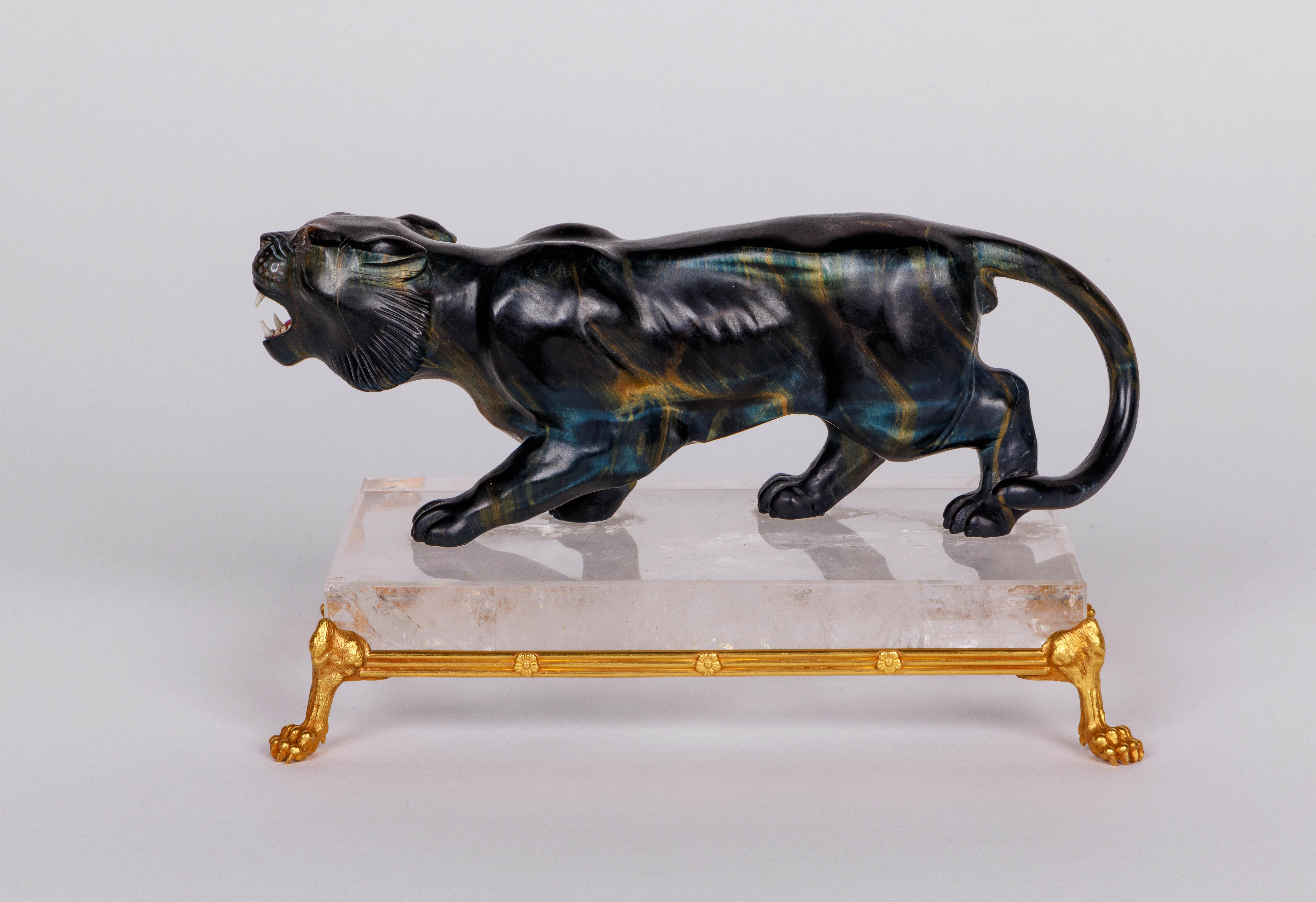 Rare Carved Hawk's Eye Agate Tiger on a 14K Gold Mounted Rock Crystal Base For Sale 3