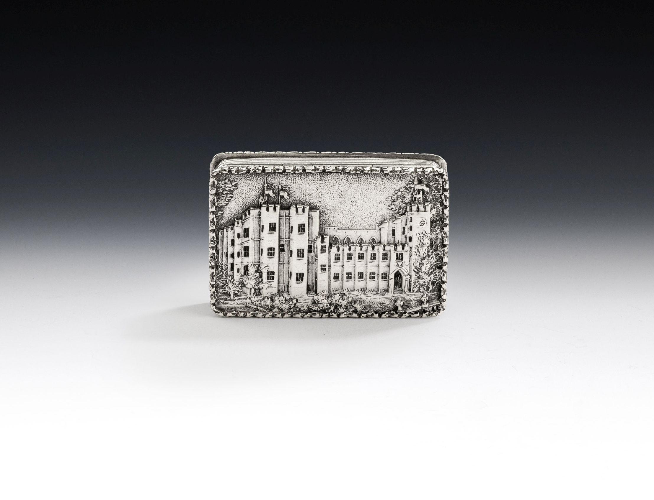 Kenilworth Castle. An extremely rare Castle Top Vinaigrette made in Birmingham in 1837 by Nathaniel Mills. The Vinaigrette is broad rectangular in form and the cover displays a raised castle top scene, in relief, of Kenilworth Castle in