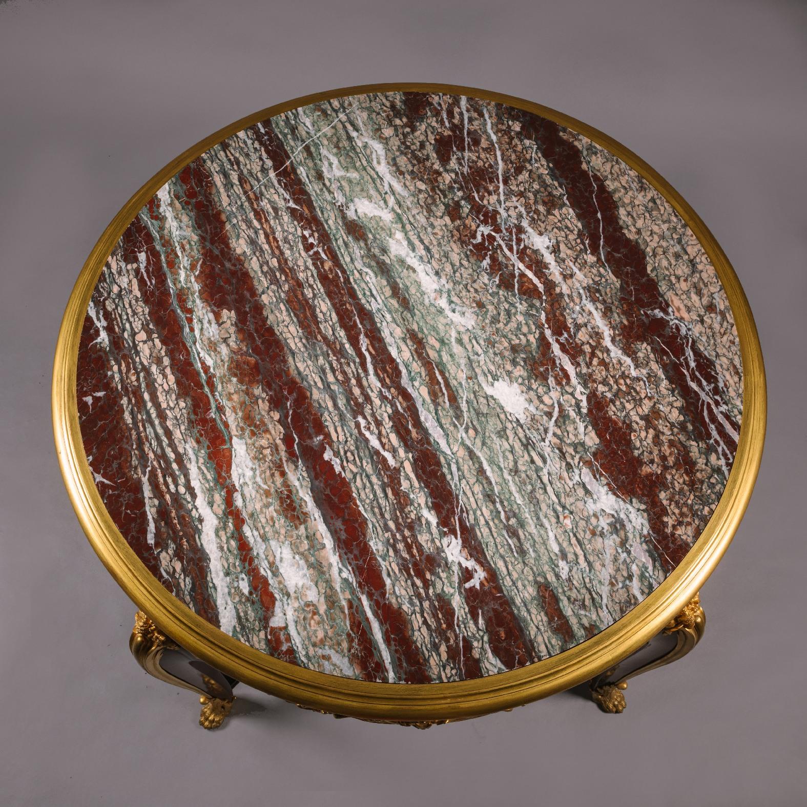 Belle Époque Rare table de centre avec un plateau en marbre Campan Rubané par François Linke en vente