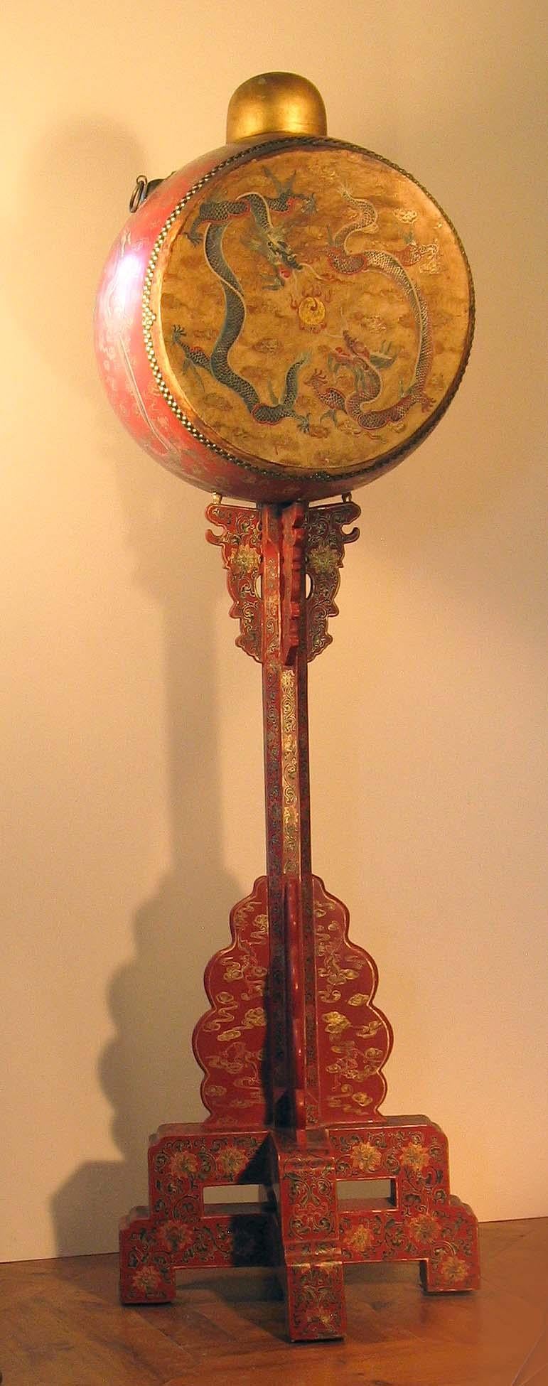 Lacquered Rare 6 ft. Tall Chinese Ceremonial Lacquer Drum and Stand, 19th Century