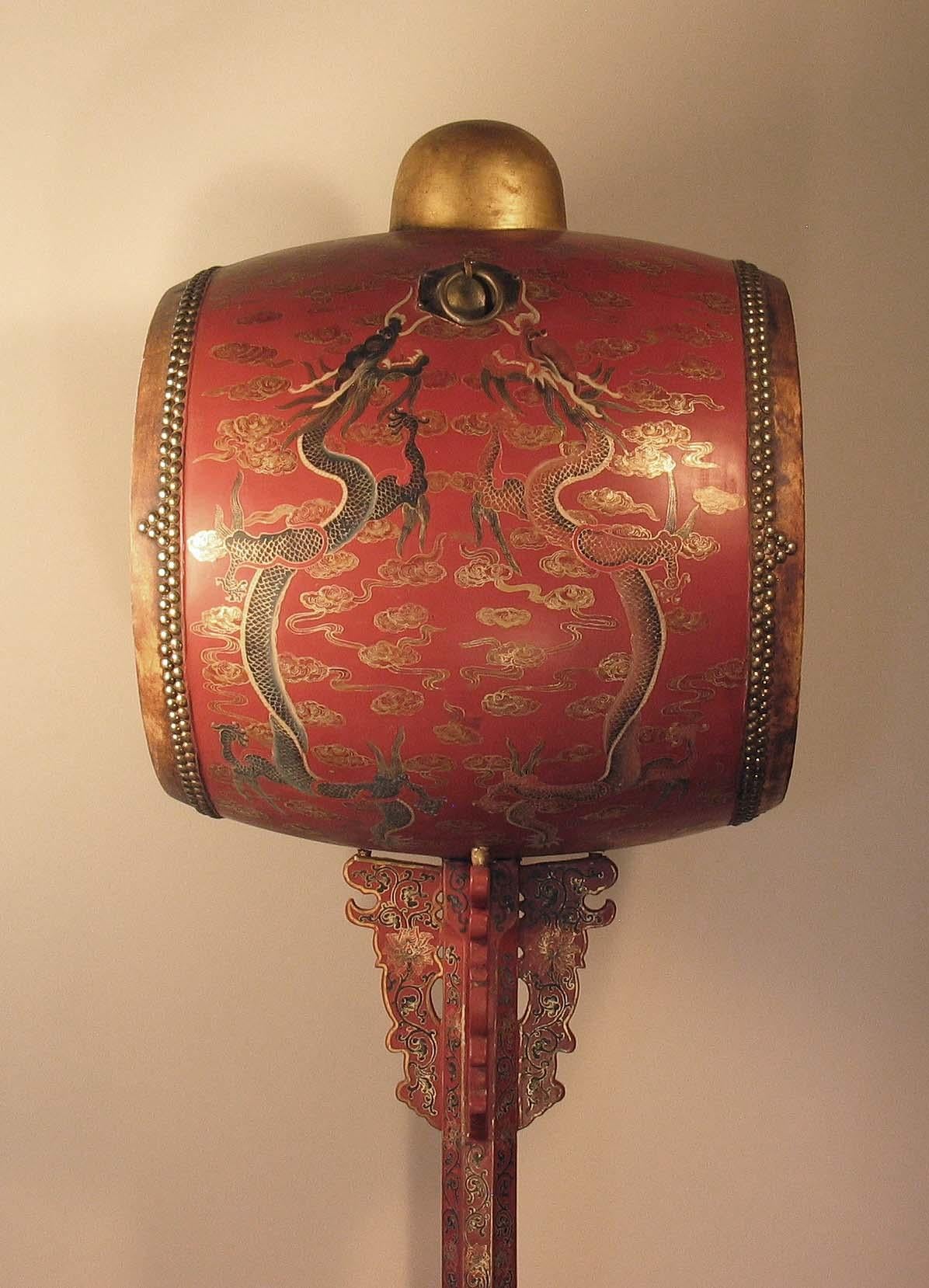Animal Skin Rare 6 ft. Tall Chinese Ceremonial Lacquer Drum and Stand, 19th Century